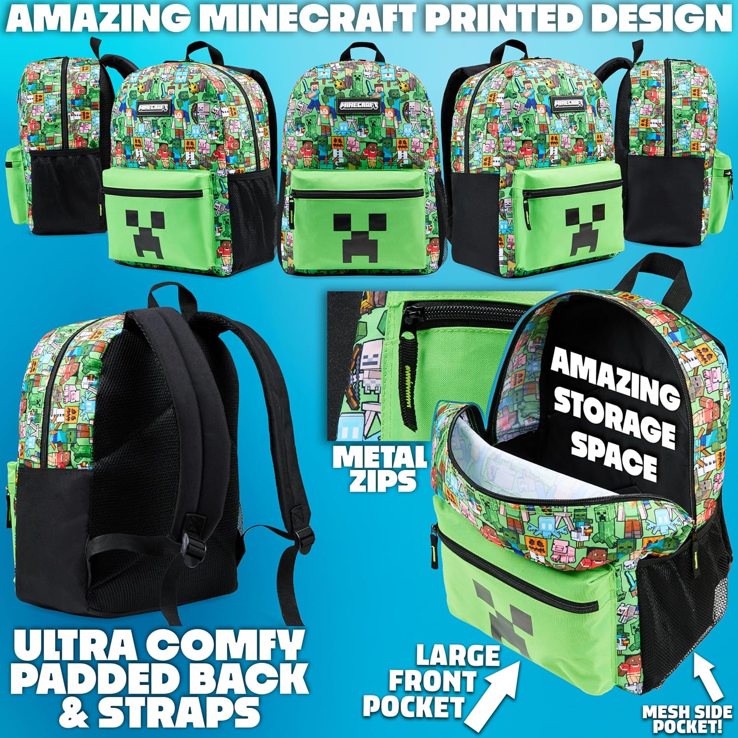 Minecraft Boys Backpack 5 Pc Gift Set, Creeper School Bookbag, Lunch Bag, Water Bottle, Keychain And Lanyard (Green Aop)