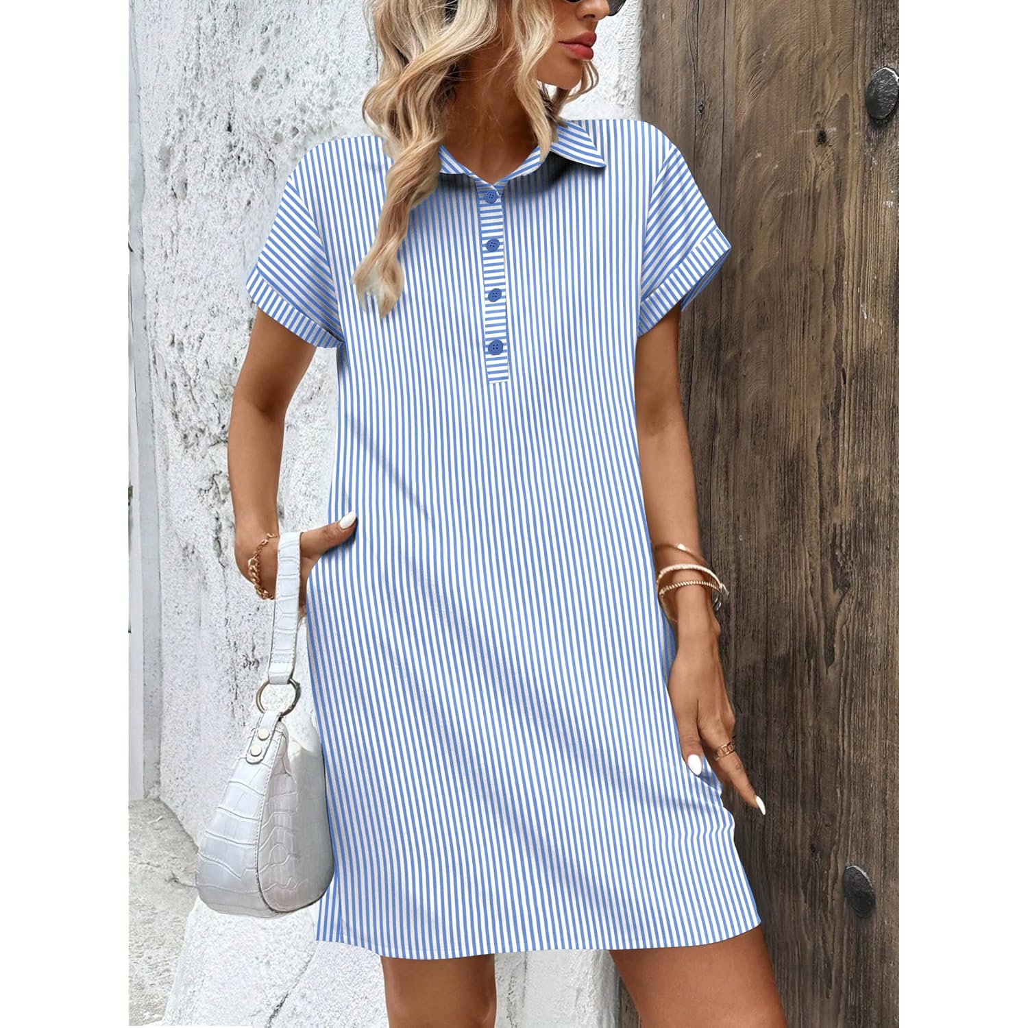 Zeagoo Womens Cotton Shirt Dress Summer Casual Short Sleeve Button Down Beach Cover Up Shirts With Pockets