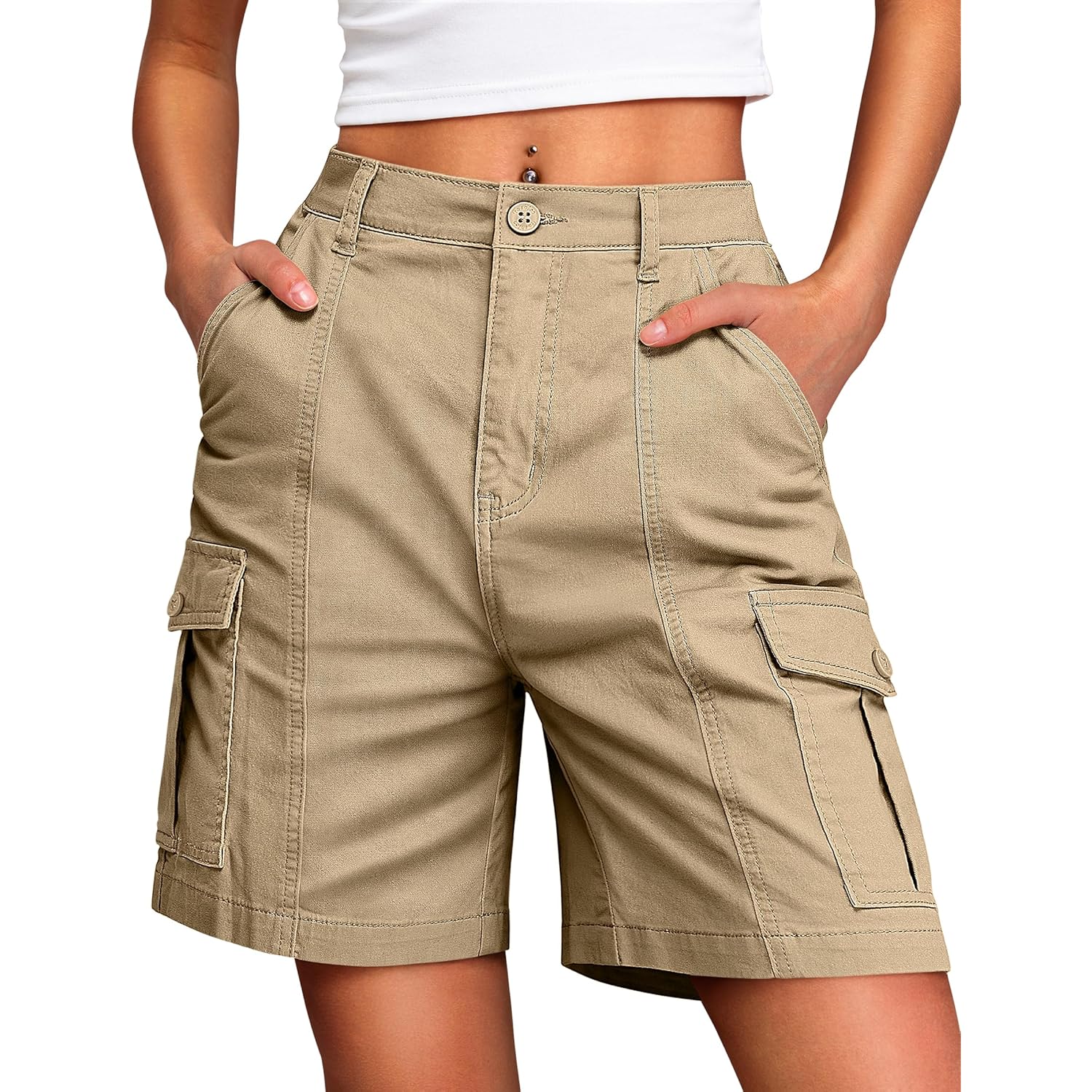 Bermuda Cargo Denim Shorts for Women Knee Length 6 Pockets Elastic Waist Long Jorts for Summer Casual