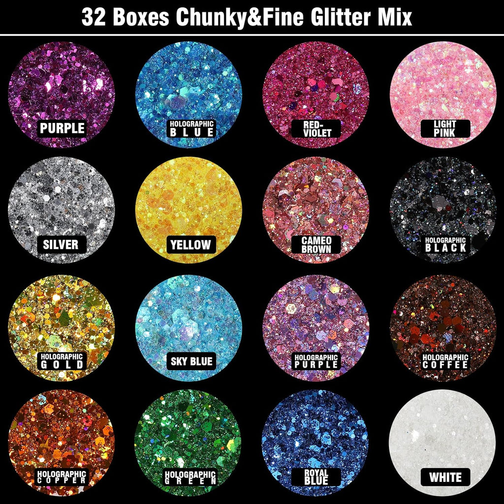 Festival Chunky and Fine Glitter Powder Mix, Teenitor 32 Colors Chunky Sequins, Iridescent Glitter Flakes, Cosmetic Face Body Eye Hair Nail Art Resin Tumbler Loose Glitter