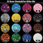 Festival Chunky and Fine Glitter Powder Mix, Teenitor 32 Colors Chunky Sequins, Iridescent Glitter Flakes, Cosmetic Face Body Eye Hair Nail Art Resin Tumbler Loose Glitter