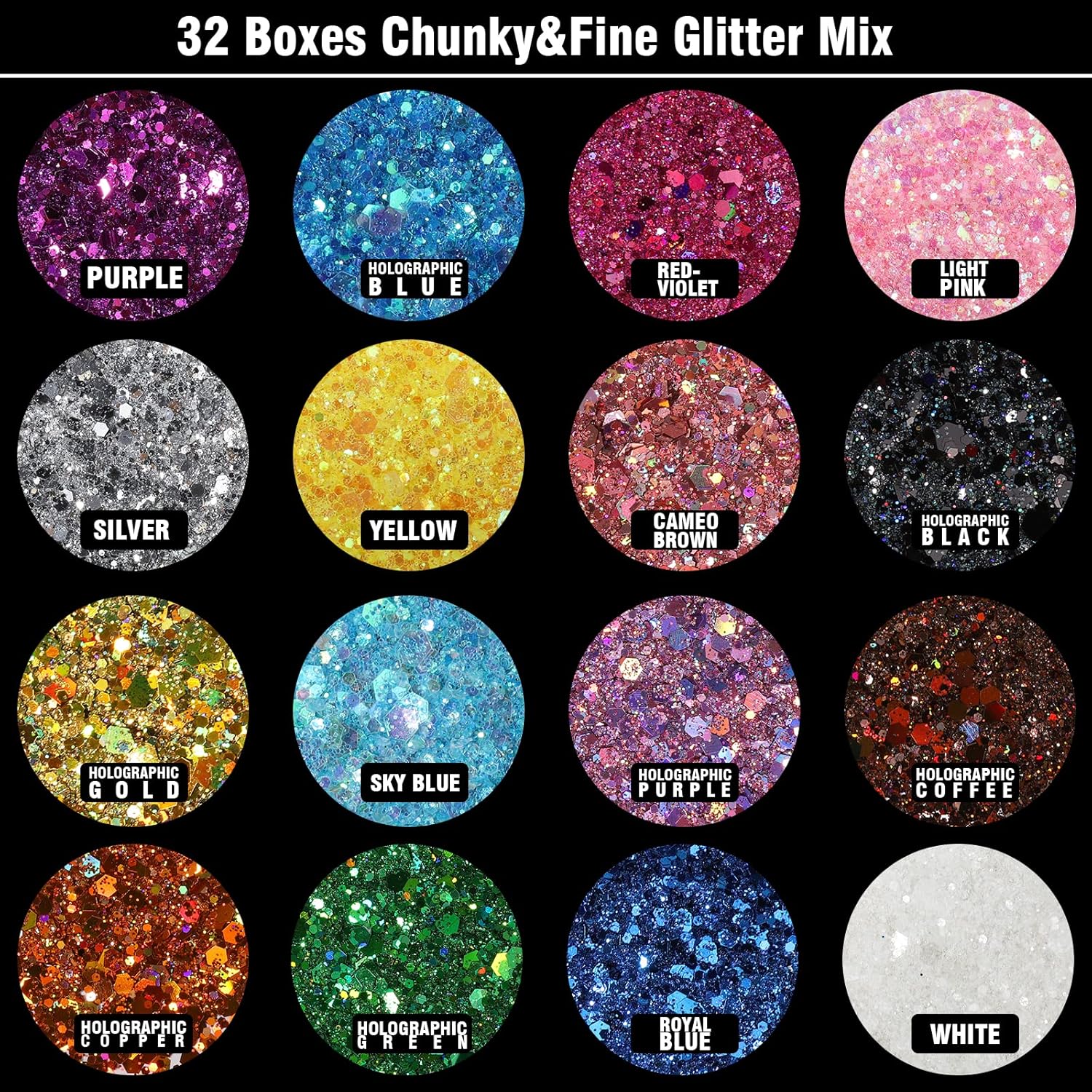 Festival Chunky and Fine Glitter Powder Mix, Teenitor 32 Colors Chunky Sequins, Iridescent Glitter Flakes, Cosmetic Face Body Eye Hair Nail Art Resin Tumbler Loose Glitter