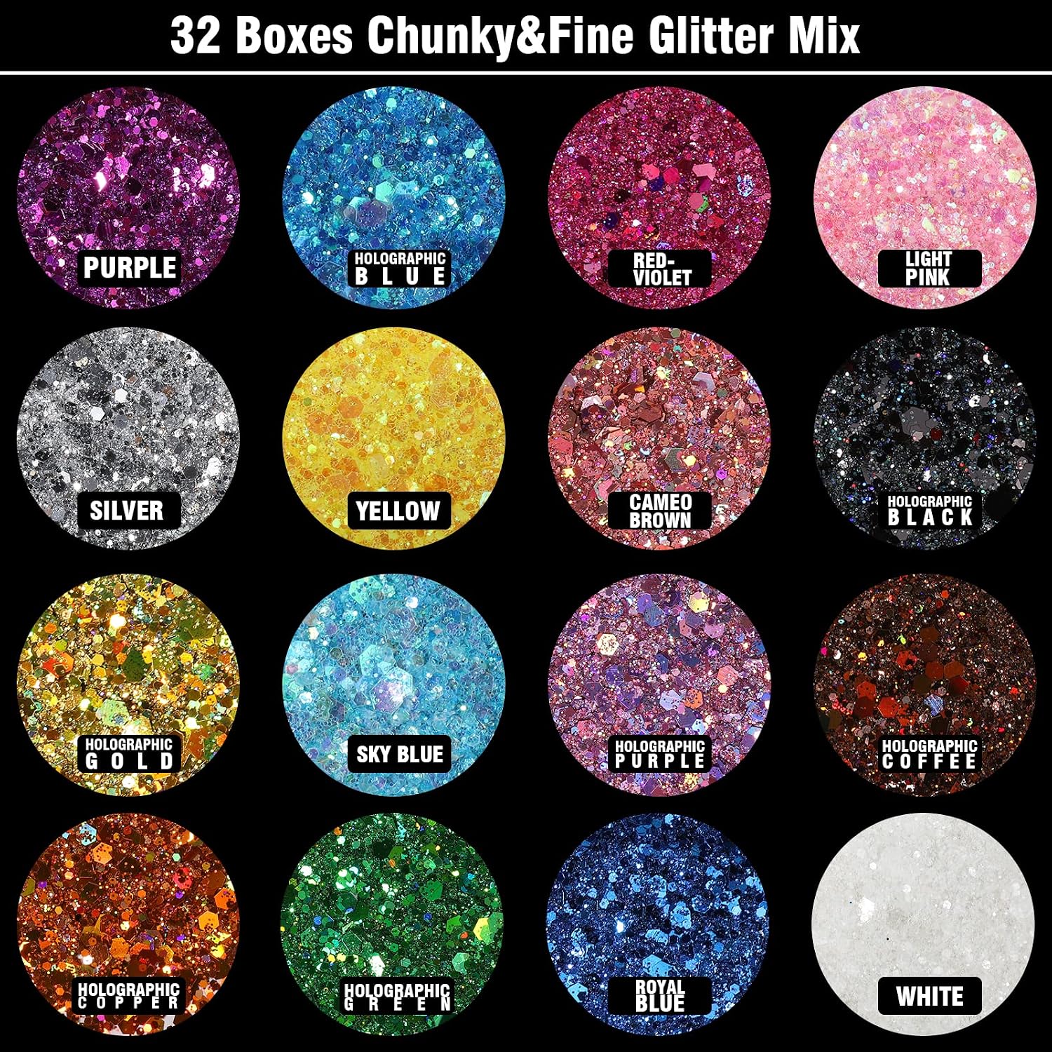 Festival Chunky And Fine Glitter Powder Mix, Teenitor 32 Colors Chunky Sequins, Iridescent Glitter Flakes, Cosmetic Face Body Eye Hair Nail Art Resin Tumbler Loose Glitter