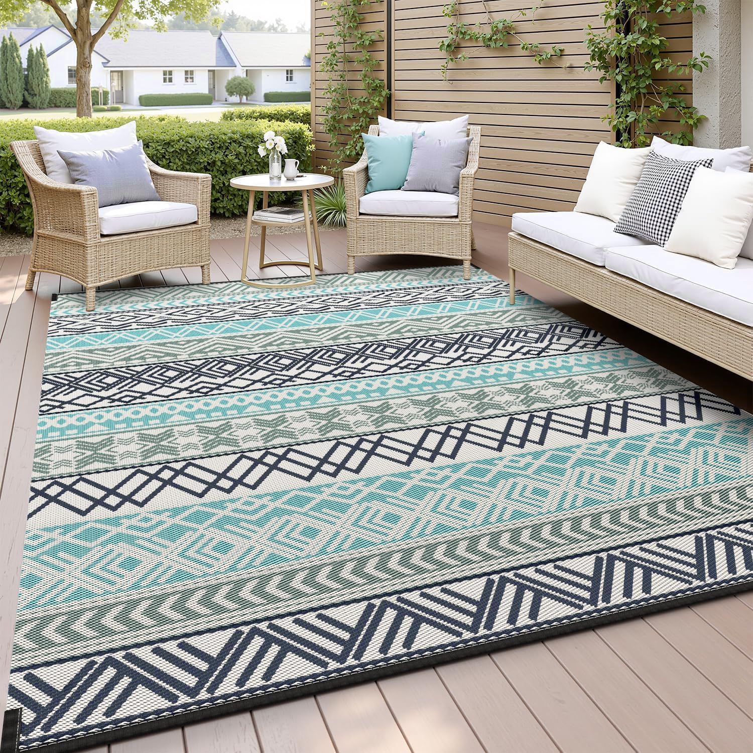 Montvoo Outdoor Rug Carpet Waterproof-Patio Rug Mat 5X8 Reversible Rv Outdoor Camping Rugs Picnic Beach Mats Plastic Straw Outside Rugs For Balcony Porch Pool Deck Boho Patio Decor