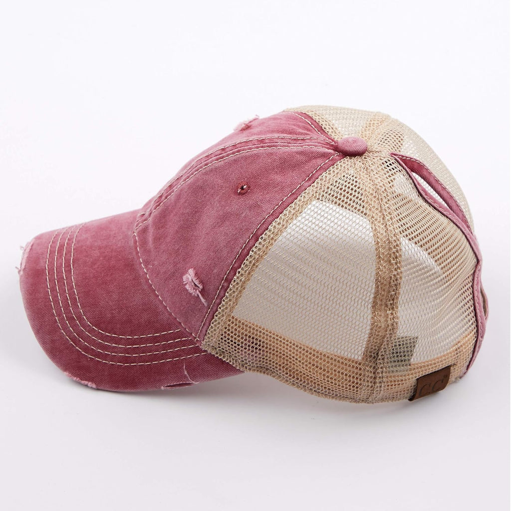 C.C Hatsandscarf Exclusives Washed Distressed Cotton Denim Ponytail Hat Adjustable Baseball Cap (BT-12) (BT-13) Burgundy