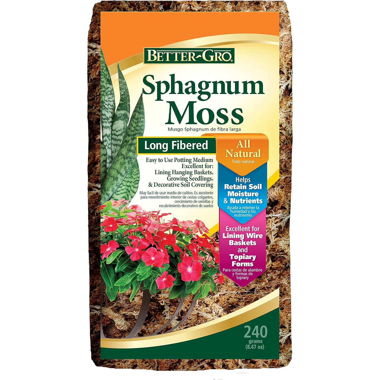 Better-Gro Sphagnum Moss - 100% Natural, Long-Fiber Moss For Orchids, Ferns, And Hostas, Excellent For Hanging Baskets And Propagating Plants - 240 Cubic Inches