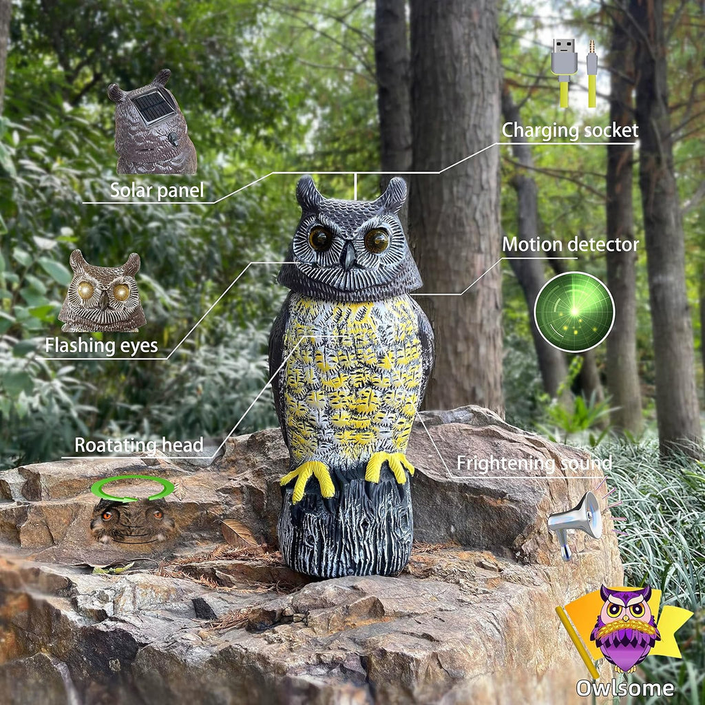 Solar Owl With Glowing Eyes, Rotating Head, Hoot Sound, Motion Detector And Silent Mode, Plastic Owl Garden Sculpture, Garden Decoration