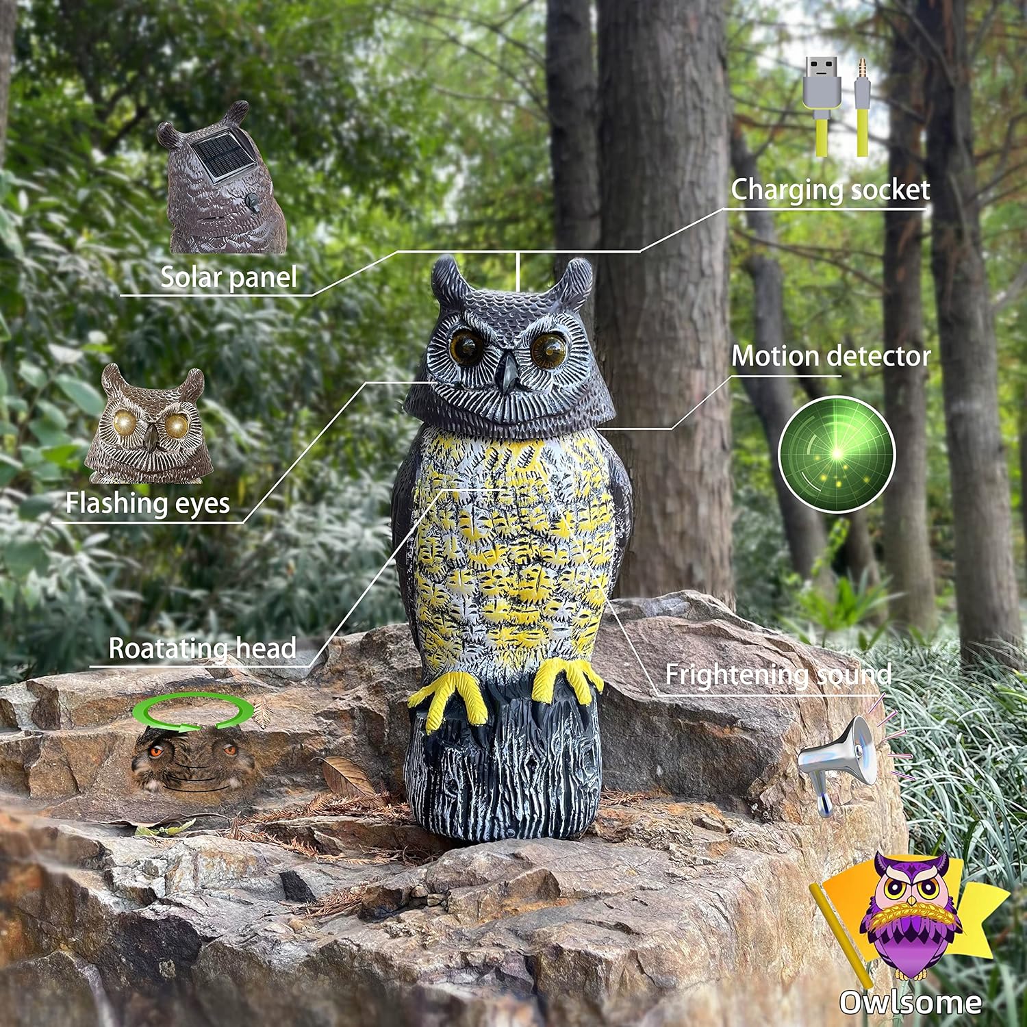 Solar Owl With Glowing Eyes, Rotating Head, Hoot Sound, Motion Detector And Silent Mode, Plastic Owl Garden Sculpture, Garden Decoration