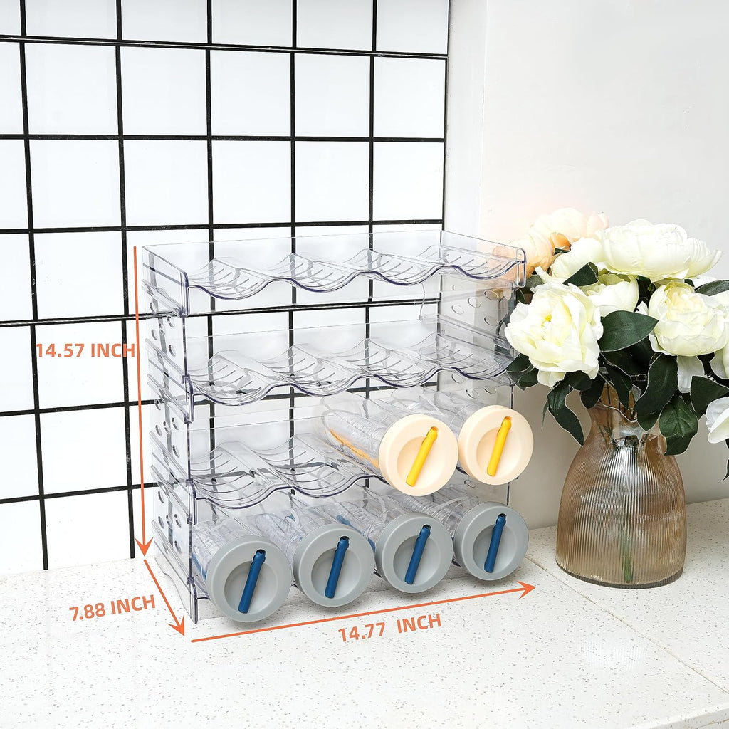 Plastic Stackable Bottle Storage Holder Rack Holds 16 Bottles,Free-Standing Water Bottle/Wine And Drink Organizer Shelf For Kitchen Cabinet,Fridge,Countertop,Pantry,Freezer,4 Packx4 Bottles,Clear