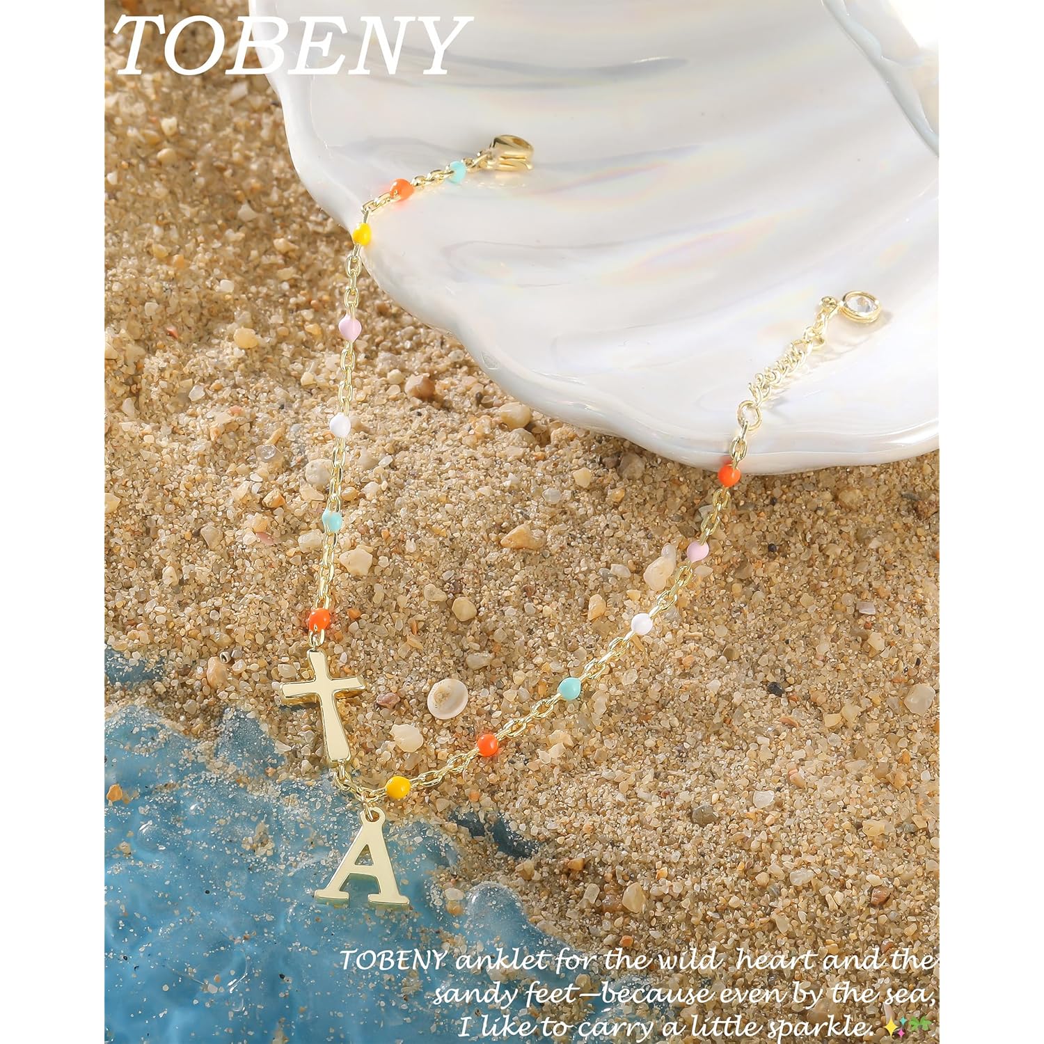 TOBENY Ankle Bracelets for Women Waterproof 14K Gold Plated A-Z Initial Cross Anklet Colorful Hypoallergenic Letter Anklets for Women Non Tarnish Summer Beach Jewelry Gift for Daughter Mom Sister