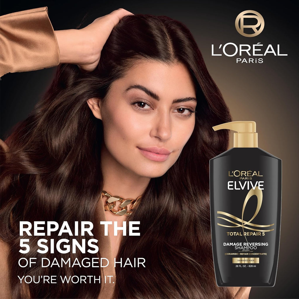 L'Oreal Paris Elvive Total Repair 5 Damage Reversing Shampoo And Conditioner Set For Dry And Damaged Hair, Hair Repair Formula With Protein And Ceramide, 56 Fl Oz Set