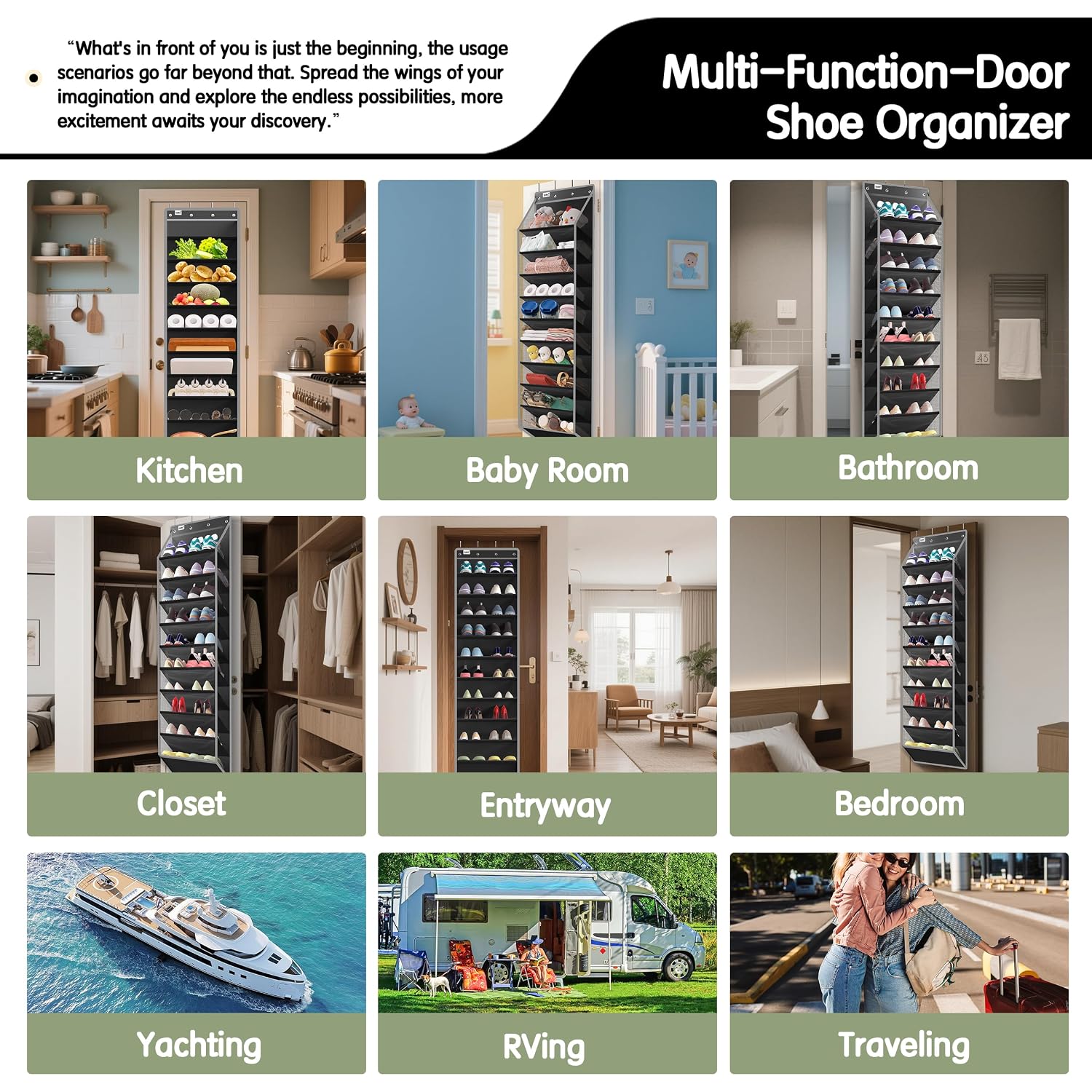 Kotkn 10 Tier Over The Door Organizer - Heavy Duty Hanging Storage Rack With Sturdy Oxford Fabric, Holds 20+ Pairs Of Footwear, Boots & Sneakers, Saves 50% Closet Space (Black)