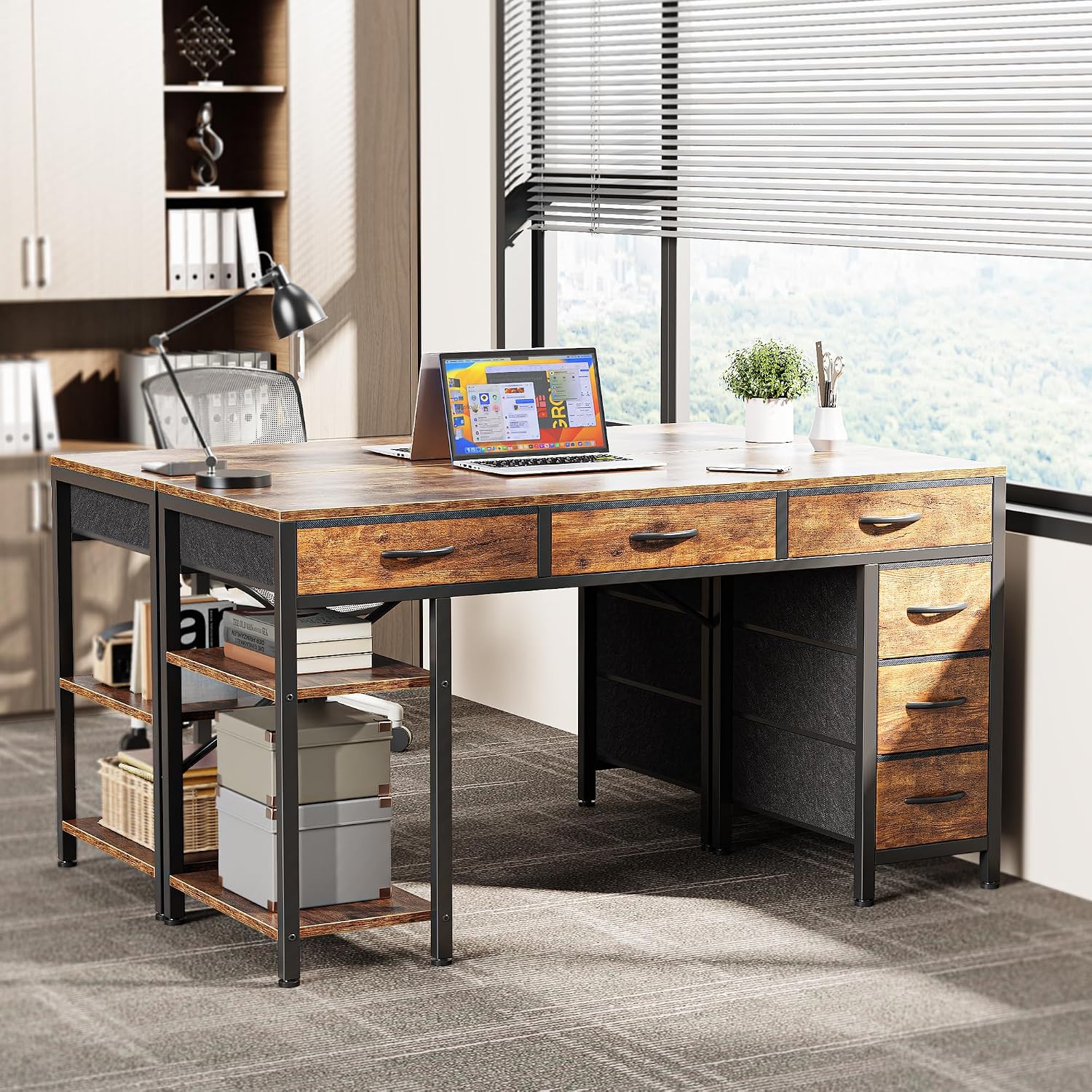 Huuger Computer Desk With 6 Drawers, Office Desk With Shelves, Reversible Gaming Desk, Corner Desk With Storage, Work For Home Office, Study, Living Room, 47Inch, Rustic Brown