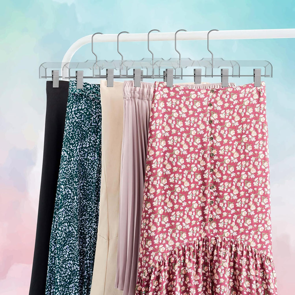 Premium 14 Inch Clear Pants Hangers With Adjustable Clips - 12 Pack Space-Saving Skirt Hangers - Non-Slip Heavy Duty Plastic Closet Organizers With 360° Swivel Hook