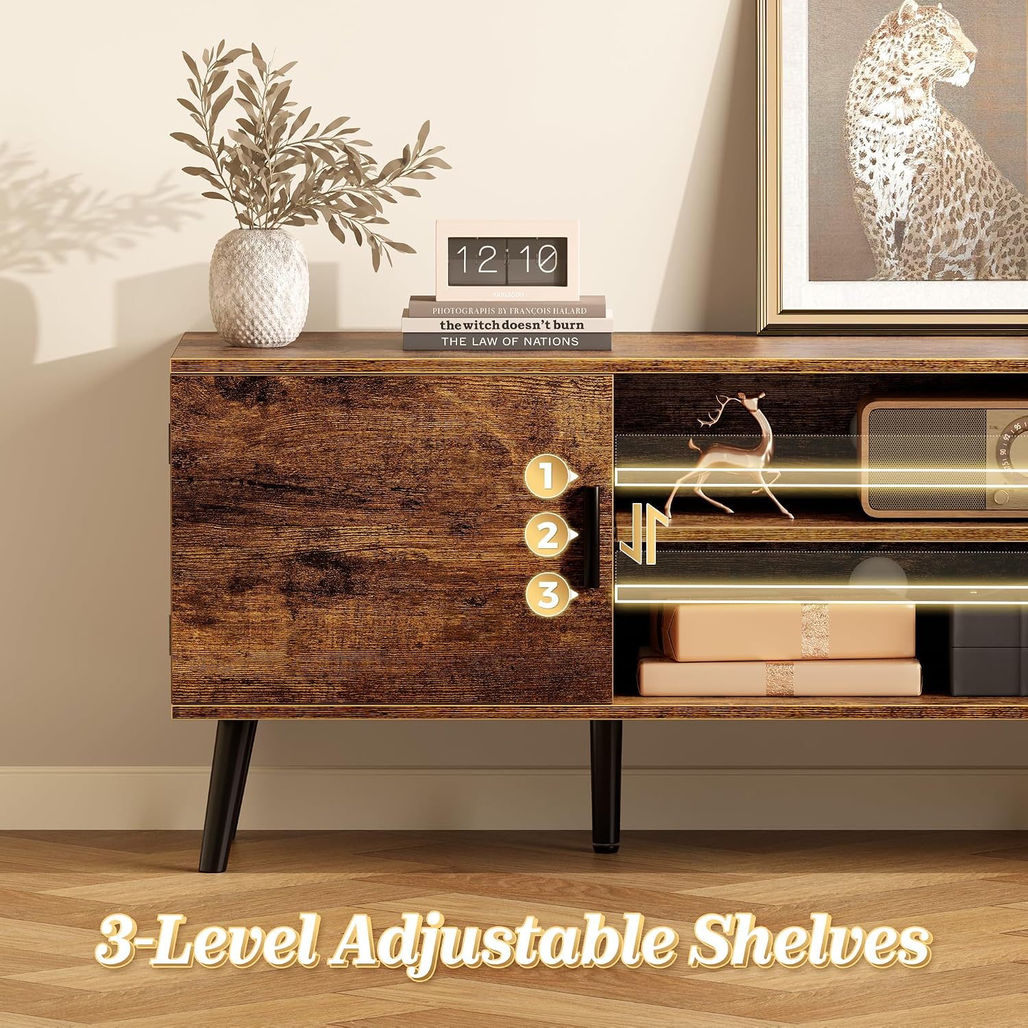 Superjare Tv Stand For 55 Inch Tv, Entertainment Center With Adjustable Shelf, 2 Cabinets, Tv Console Table, Media Console, Solid Wood Feet, Cord Holes, For Living Room, Bedroom, Rustic Brown