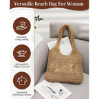 Beach Bag, Straw Beach Bags For Women, Floral Designed Beach Tote Lightweight Foldable Straw Bag