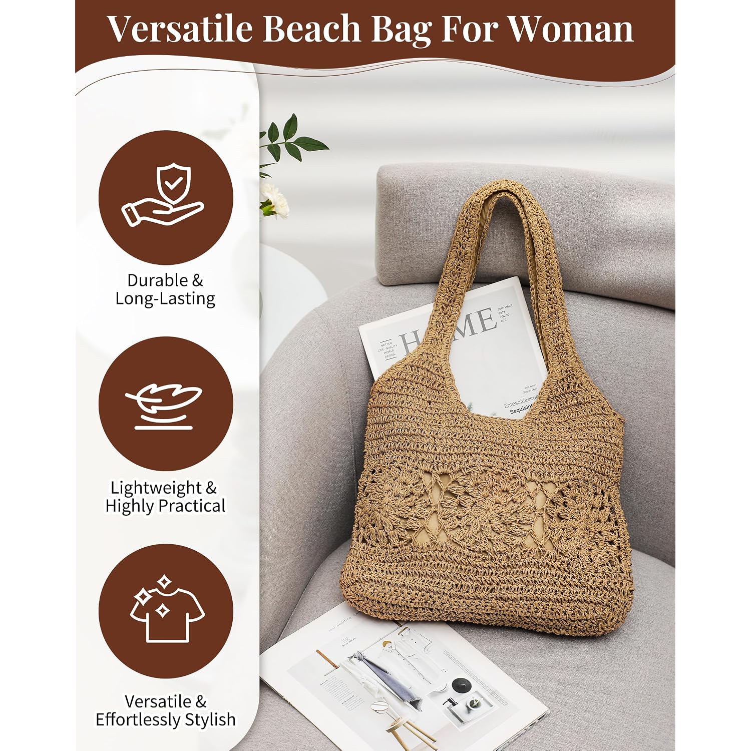 Beach Bag, Straw Beach Bags For Women, Floral Designed Beach Tote Lightweight Foldable Straw Bag