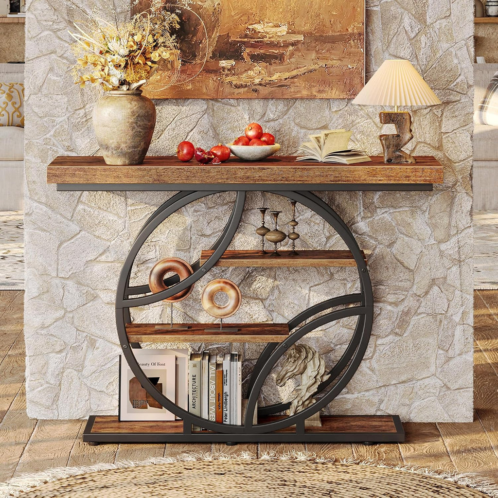 Huuger Modern Console Table, 41.3 Inch Sofa Table With Artistic Curved Metal Frame, Narrow Entryway Table For Hallway, Living Room, Behind Couch, Rustic Brown