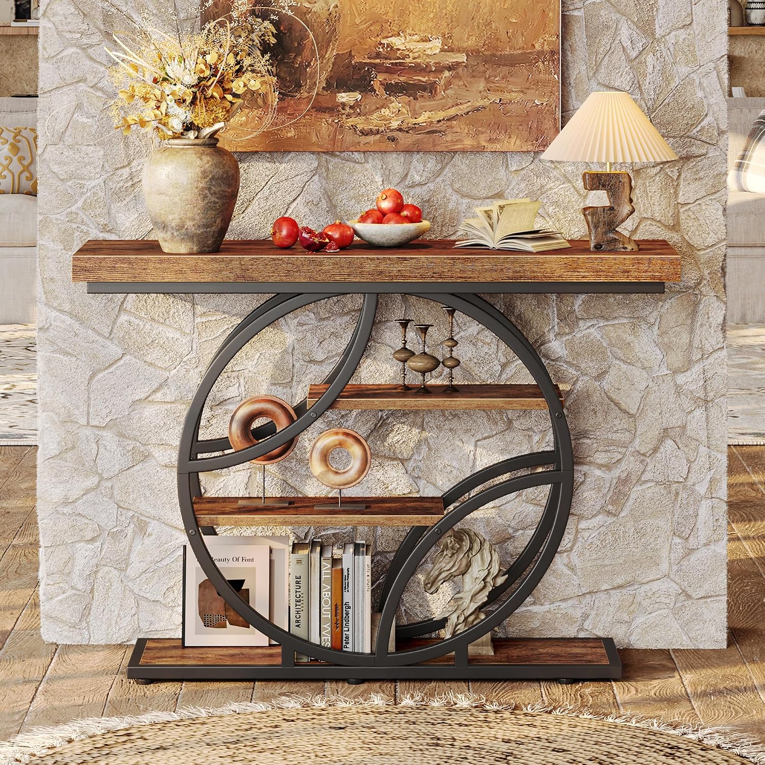 Huuger Modern Console Table, 41.3 Inch Sofa Table With Artistic Curved Metal Frame, Narrow Entryway Table For Hallway, Living Room, Behind Couch, Rustic Brown