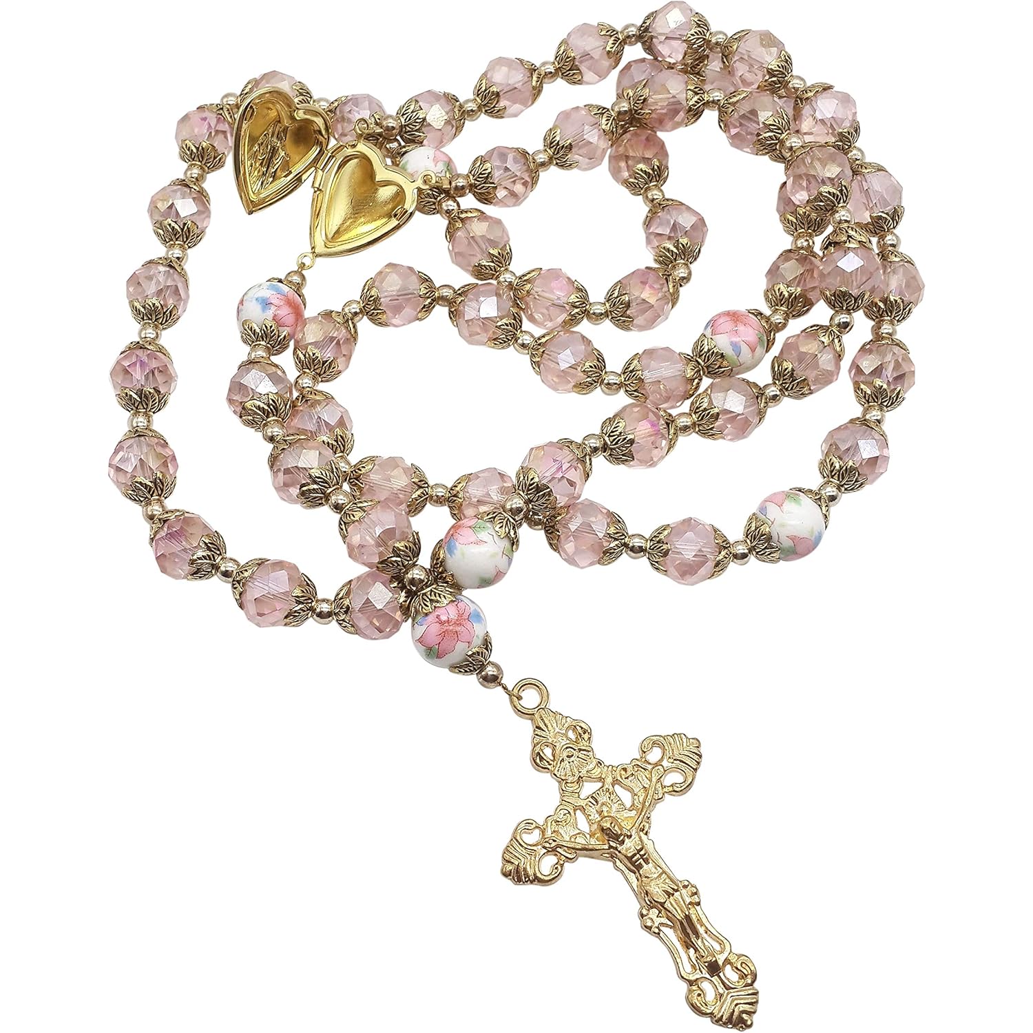 Nazareth Store Catholic Pink Crystal Beads Gold Rosary Flowers Beaded Necklace Holy Mary Heart Locket Medal & Cross Religious Amulet for Women