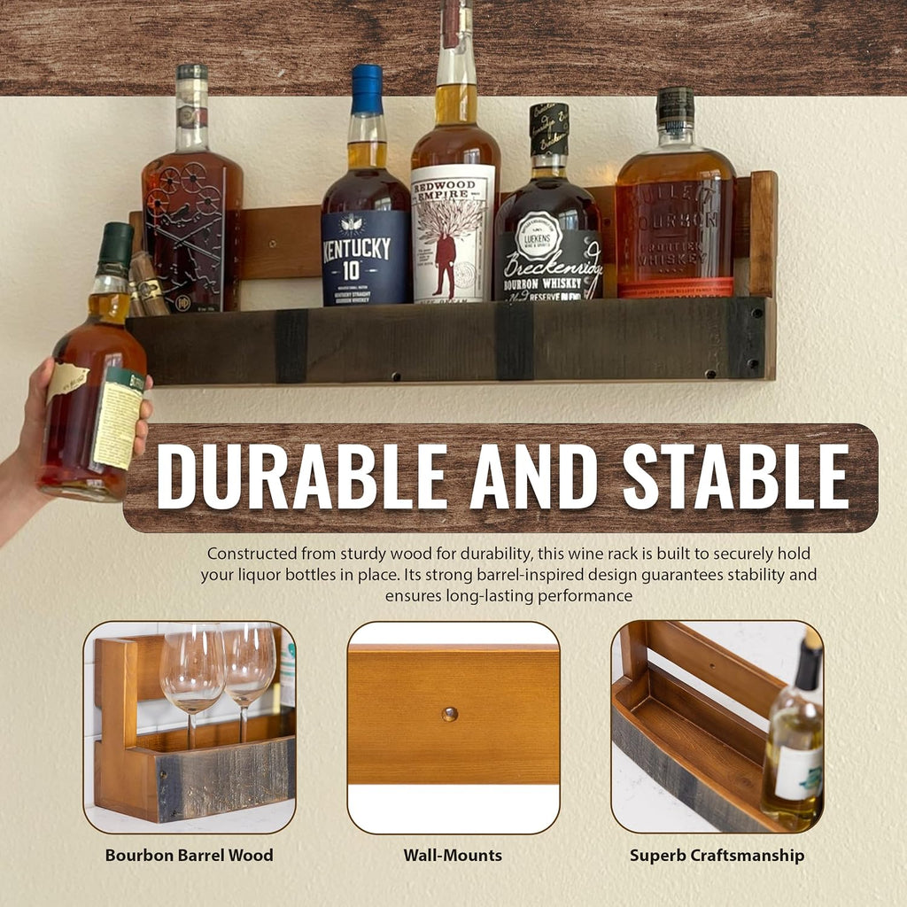 Liquor Bottle Display Shelf – Wall Bar Shelf For Whiskey, Wine & Bourbon | Rustic Wall-Mounted Wooden Whiskey Barrel Shelves, Countertop Rack, Stylish Space-Saving Small Liquor Cabinet For Enthusiasts