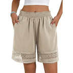 Women's Casual Elastic Waist Lounge Shorts Comfy Stretch Lace Trim Summer Beach Linen Ruffle Shorts