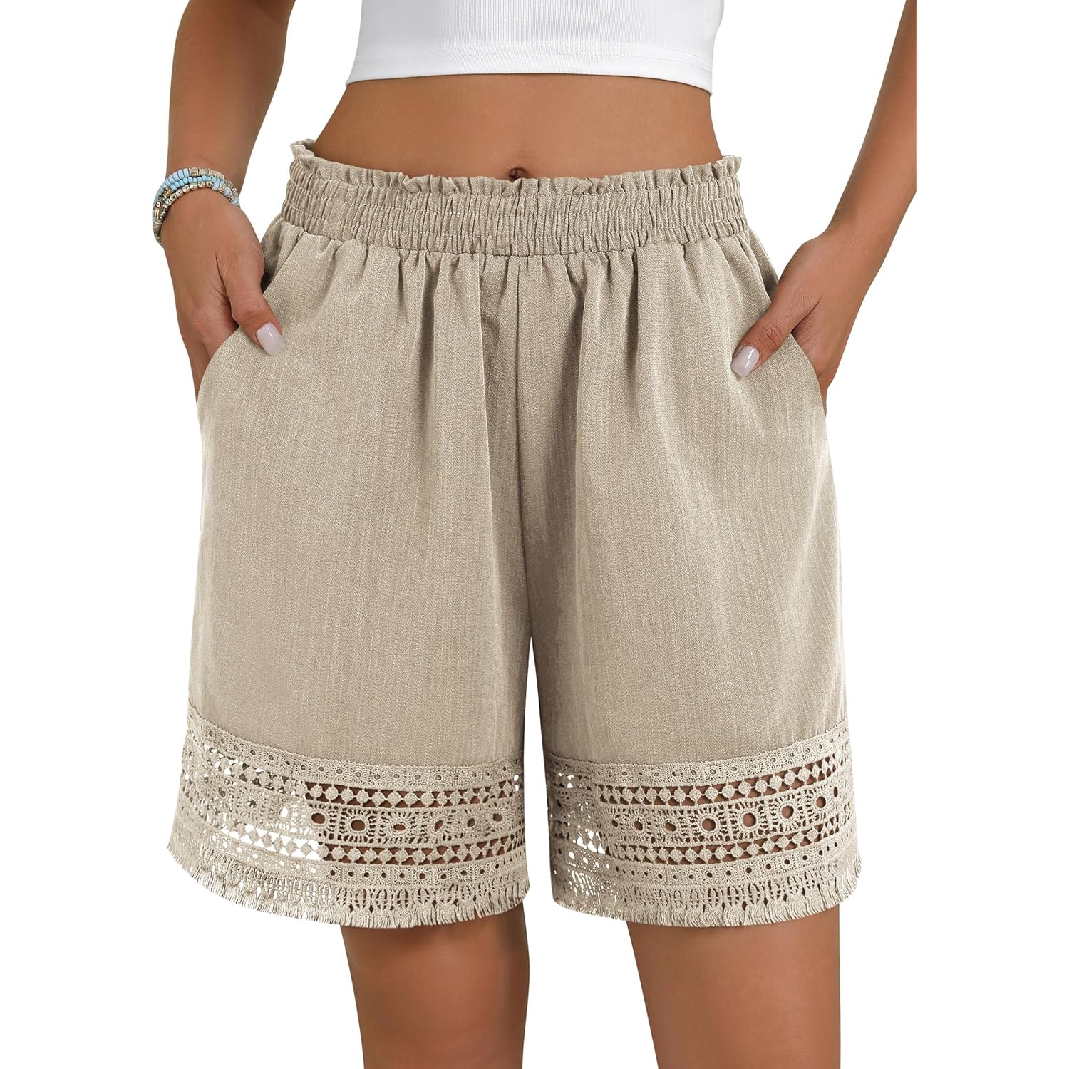 Women's Casual Elastic Waist Lounge Shorts Comfy Stretch Lace Trim Summer Beach Linen Ruffle Shorts