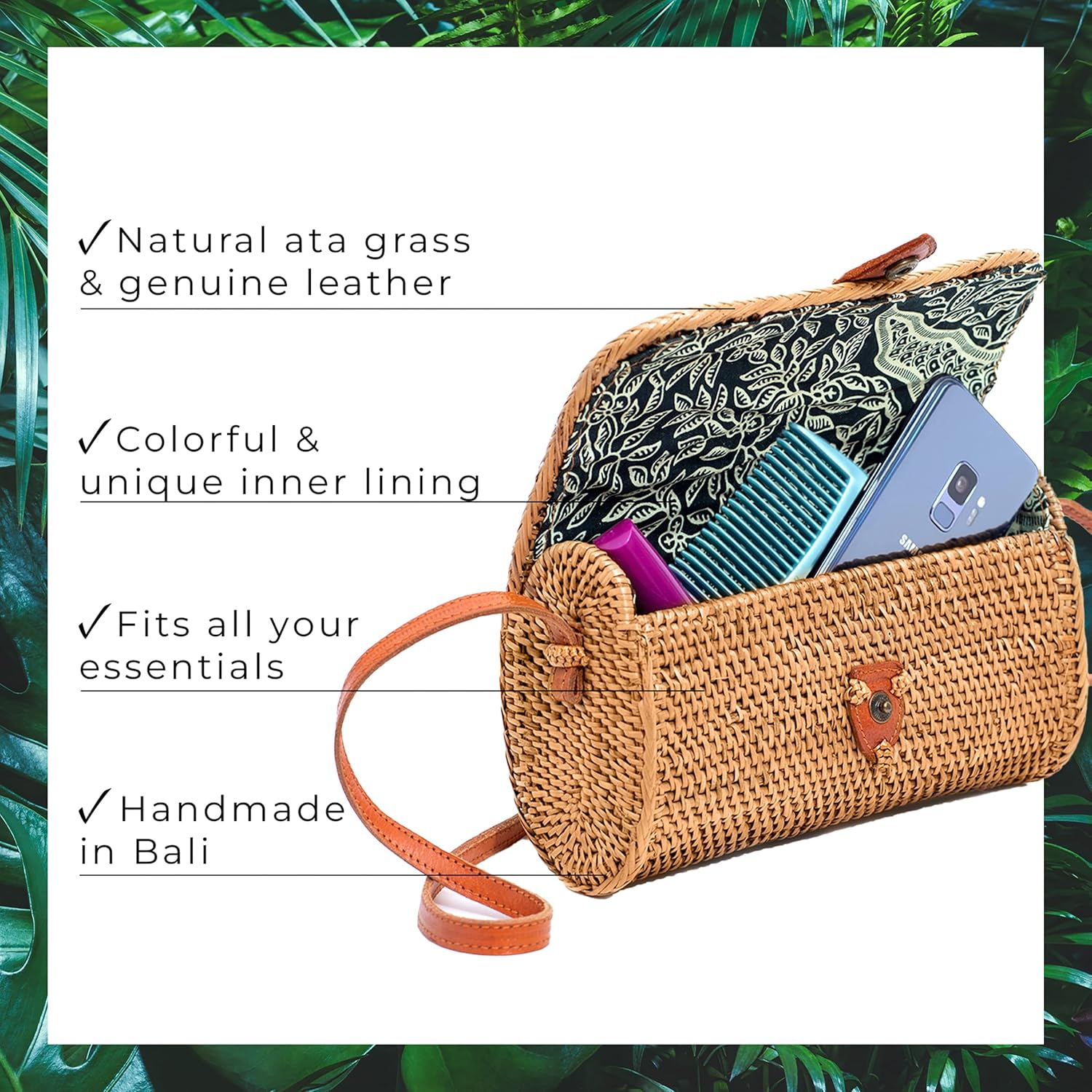 Novum Crafts Round Rattan Bag for Women - Handmade Ata Wicker Woven Purse - Circle, Square, Oval Brown Straw Boho Bags | Handmade, Ata, Woven, Straw, Bags