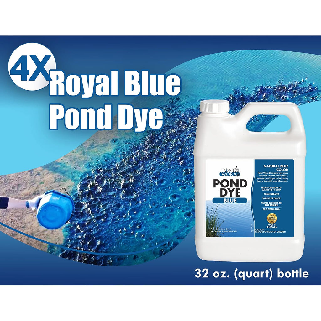 Pond Worx Blue Lake And Pond Dye - 4X Concentrated Liquid Pond Colorant - Treats Up To 1 Acre - 1 Quart
