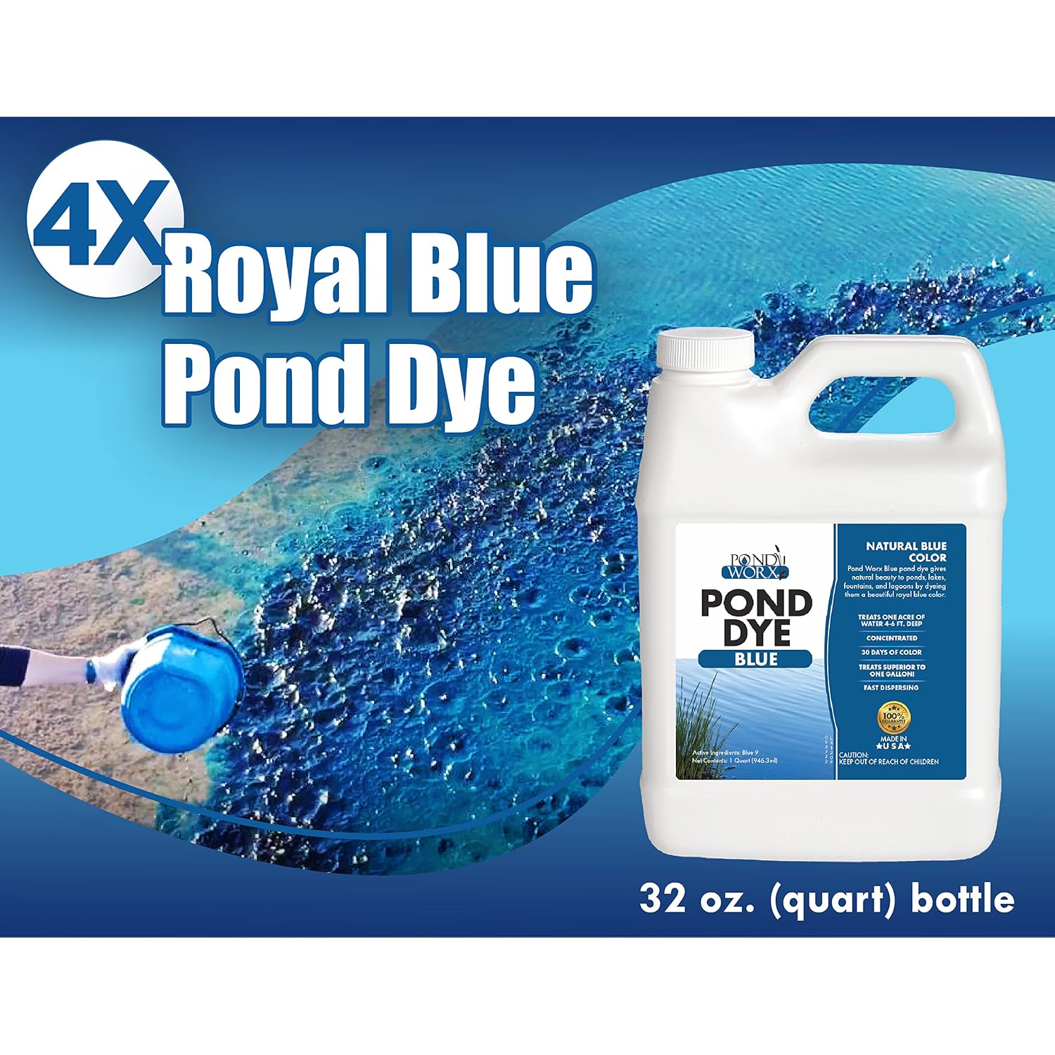 Pond Worx Blue Lake And Pond Dye - 4X Concentrated Liquid Pond Colorant - Treats Up To 1 Acre - 1 Quart