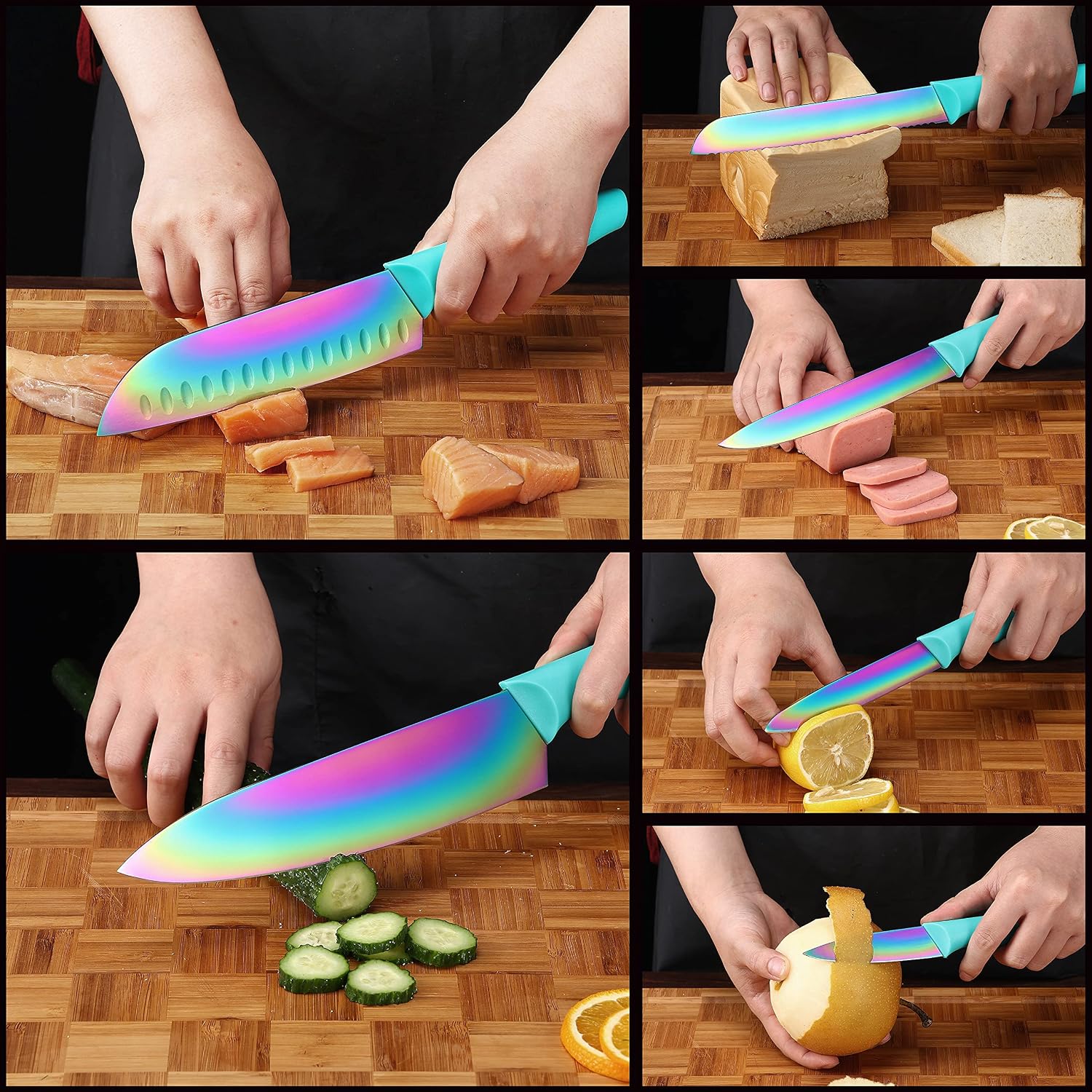 Marco Almond Kitchen Knife Set, Kya37 12-Piece Rainbow Titanium Stainless Steel Boxed Knives Set For Kitchen With Covers, 6 Knives With 6 Blade Guards