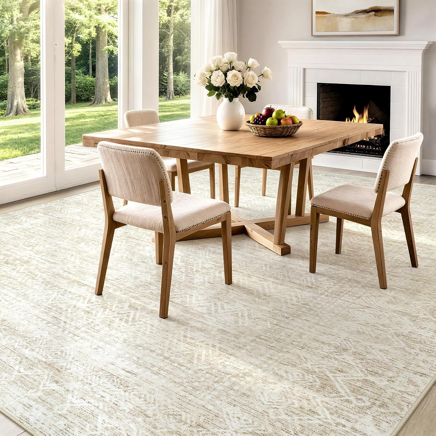 8X10 Area Rug For Living Room, Washable Moroccan Geometric Rug Soft Non-Slip Rubber Vintage Boho Large Rug, Low Pile Farmhouse Carpet For Bedroom Dining Room Nursery Modern Office (Beige, 8'X10')