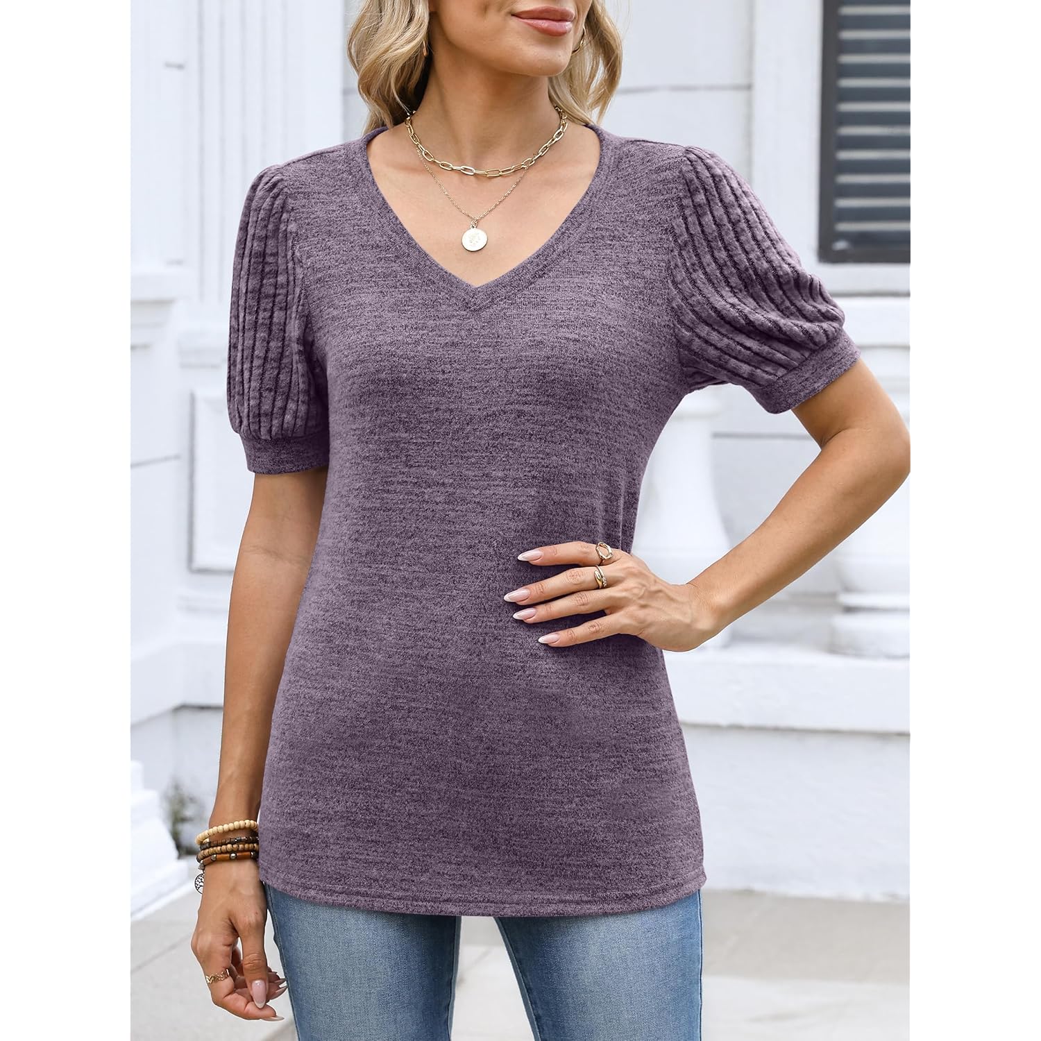 Womens Tops Summer Sweaters Dressy Casual V Neck Tunic Blouses Short Sleeve Basic Tee Shirts 2026 Trendy Clothes