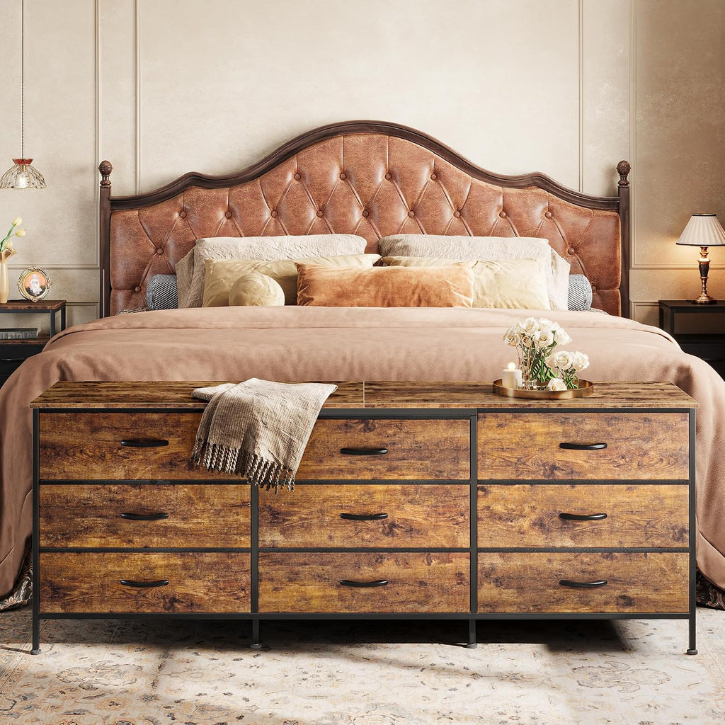 Huuger 63 Inch Dresser For Bedroom, Dresser For Closet With 9 Fabric Drawers, Large Tv Stand For 55, 65, 70 Inch Tv, Entertainment Center With Storage, Wide Long Chest Of Drawers, Rustic Brown