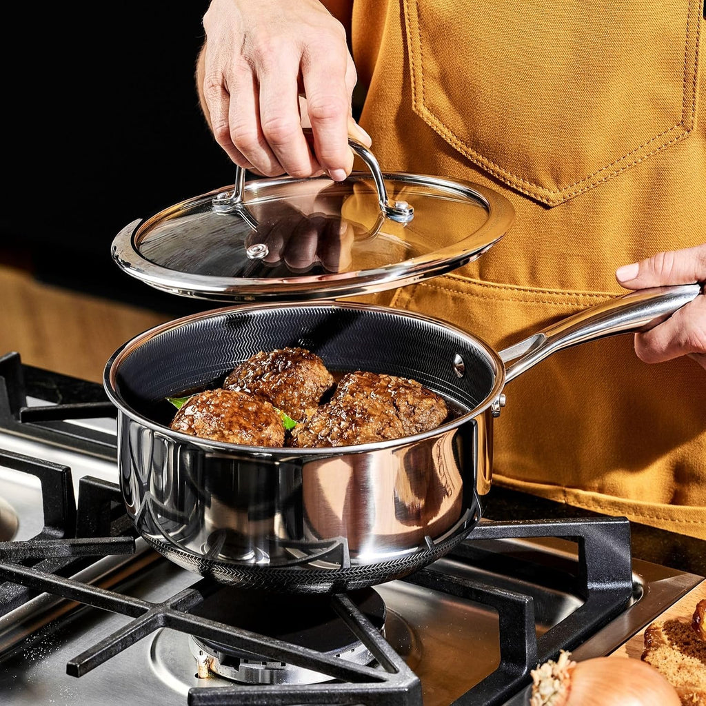Hexclad 3 Quart Hybrid Nonstick Sauce Pan Pot With Lid, Stay-Cool Handle, Dishwasher Safe, Induction Ready, Compatible With All Cooktops