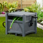 Suncast Garden Hose Hideaway Storage Reel Box, Cyberspace Grey – Resin Outdoor Container, Holds Up To 100 Feet Of 5/8 Inch Standard Vinyl Water Line – No Assembly Required