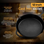 Utopia Kitchen Premium Cast Iron Skillets 12 Inch, Chef's Pan, Pre-Seasoned Frying Pan, Stovetop, Oven, Campfire and Grill Large Skillet, Even Heat Distribution Multipurpose Cast Iron Pan - Black