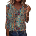 AKEWEI Women's 3/4 Length Sleeve Boho Tops V Neck Casual Vacation Clothes Loose Fit Tunic Shirts S-2XL