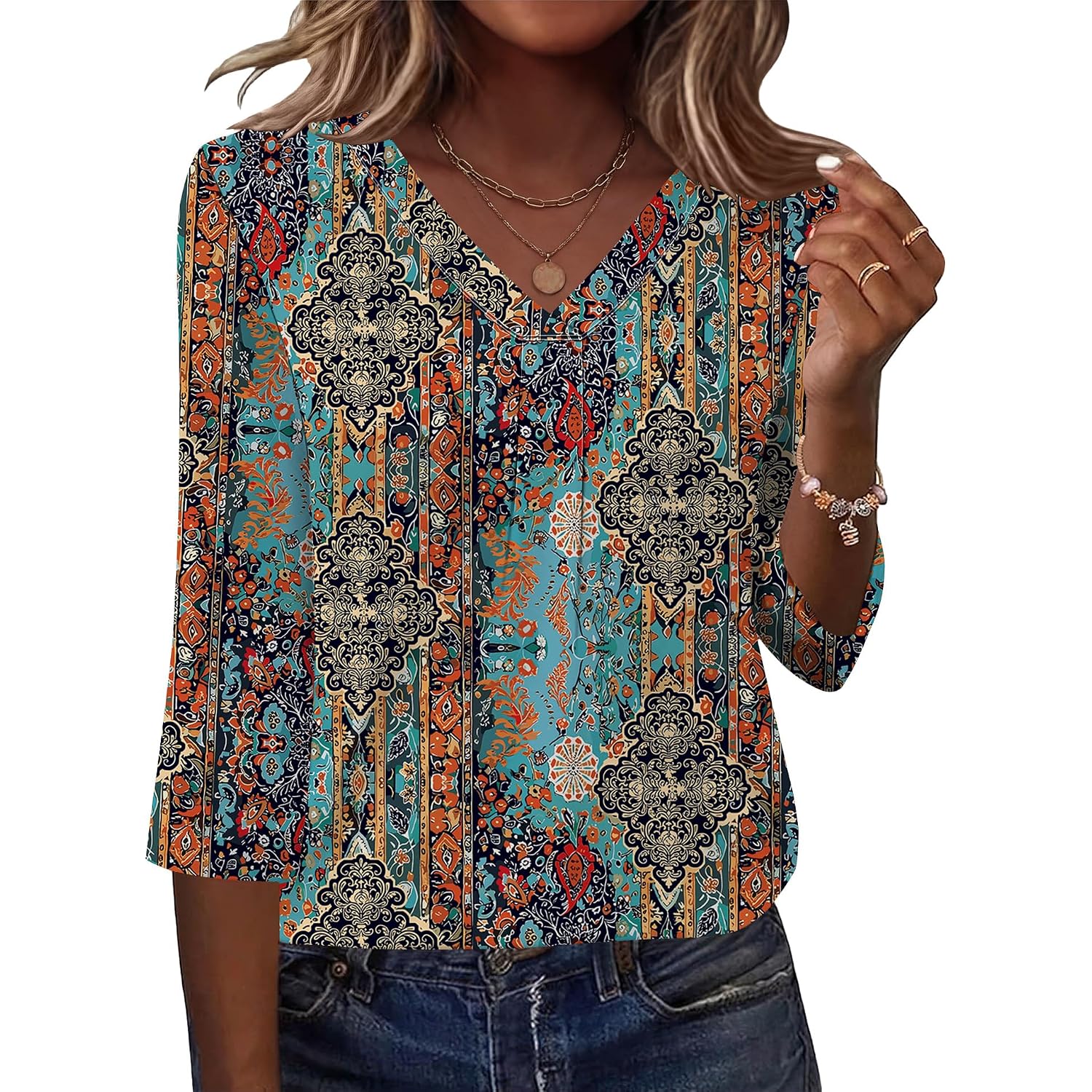 AKEWEI Women's 3/4 Length Sleeve Boho Tops V Neck Casual Vacation Clothes Loose Fit Tunic Shirts S-2XL