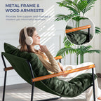 Maxyoyo Modern Accent Chair, Comfy Living Room Chair With Metal Frame Wooden Armrest, Upholstered Armchair With Soft Cushion For Bedroom Balcony Lounge Reading Room, Dark Green