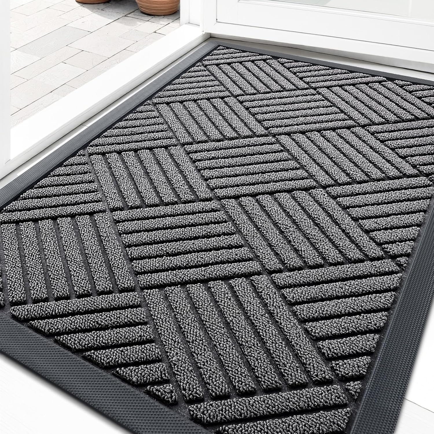 Olanly Front Door Mat Outside Entrance 29.5X17, Absorbent, Heavy Duty Sturdy Natural Rubber Doormat Indoor Outdoor, Stain And Fade Resistant, Non-Slip Low Profile Floor Mat For Entryway, Grey Diamond