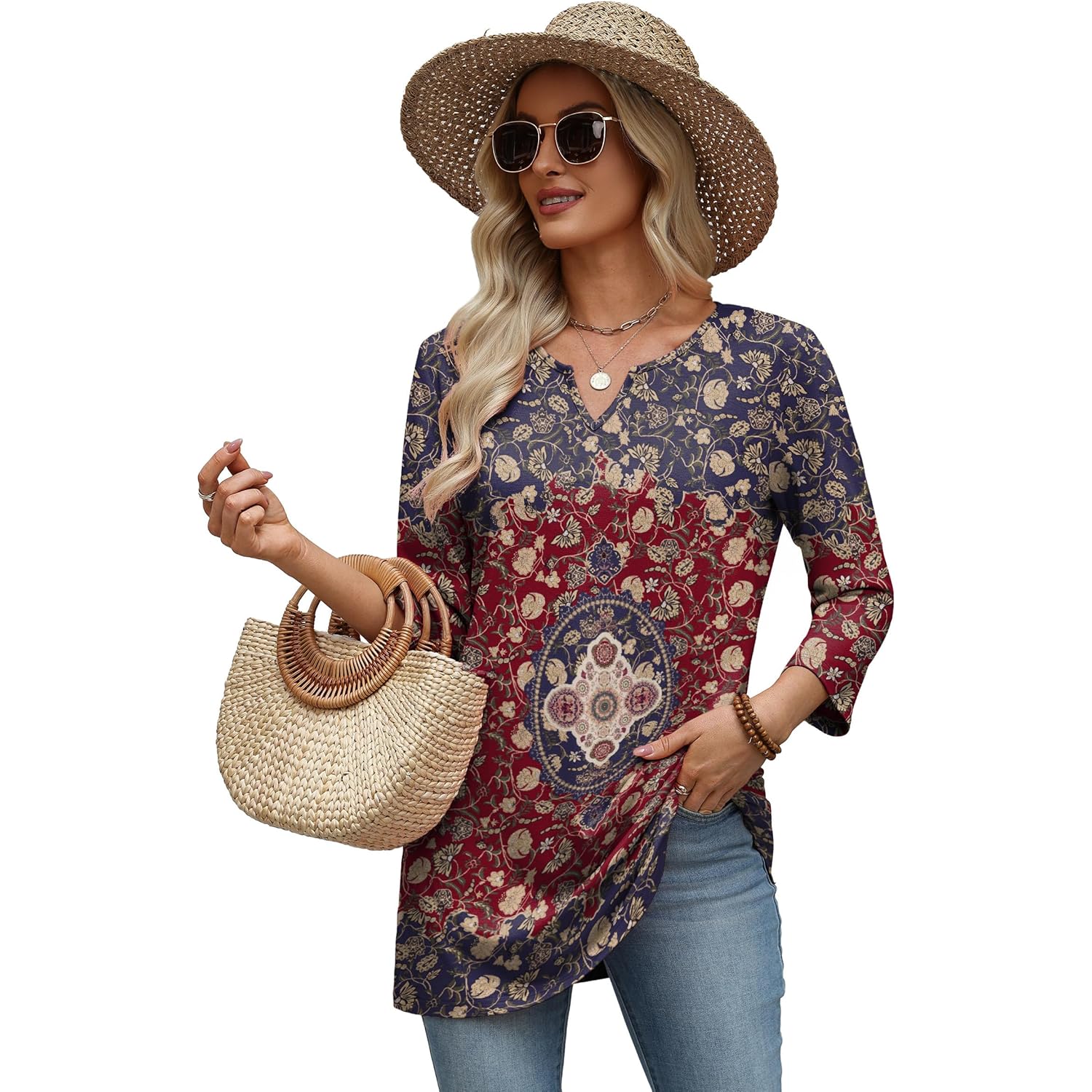 Summer Boho Tops For Women 3/4 Length Sleeve Womens Tops Vacation Outfits
