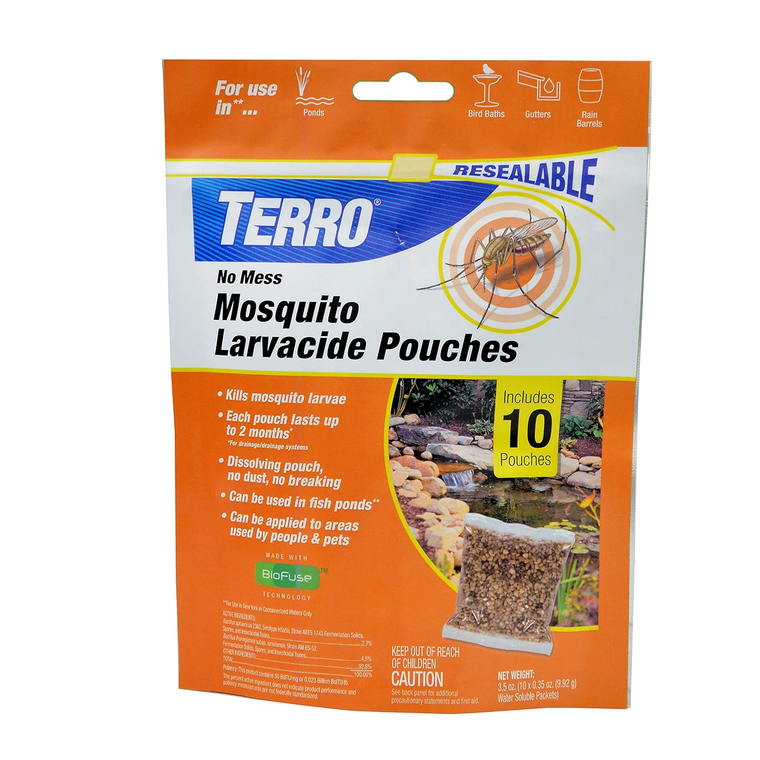 Terro No Mess Mosquito Larvacide Pouches, 10-Pack | Dissolvable Pest Control Packets For Standing Water, Outdoor Mosquito Killer With Long-Lasting 2 Month Protection
