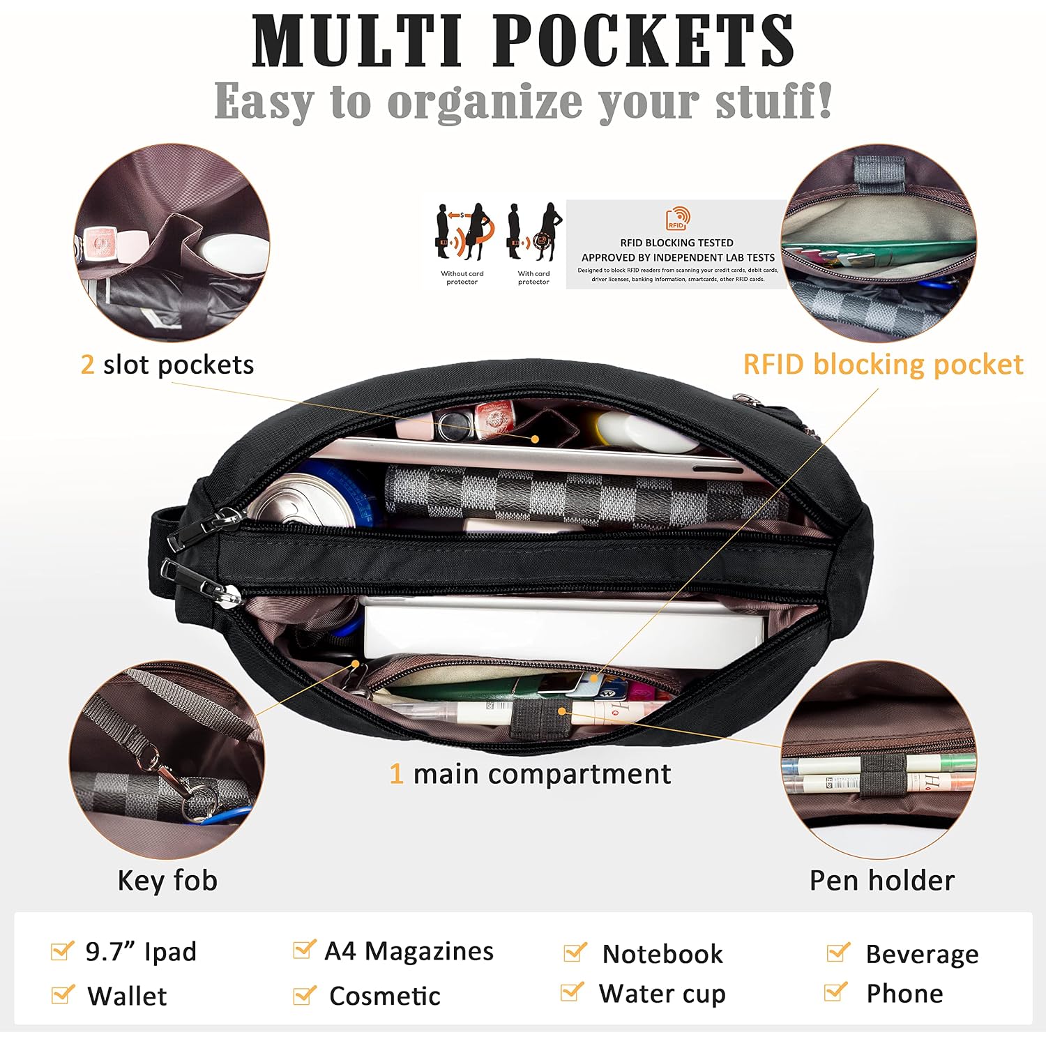 Volganik Rock Rfid Purses For Women Fabric Nylon Multi Pocket Crossbody Bag Ladies Travel Handbag