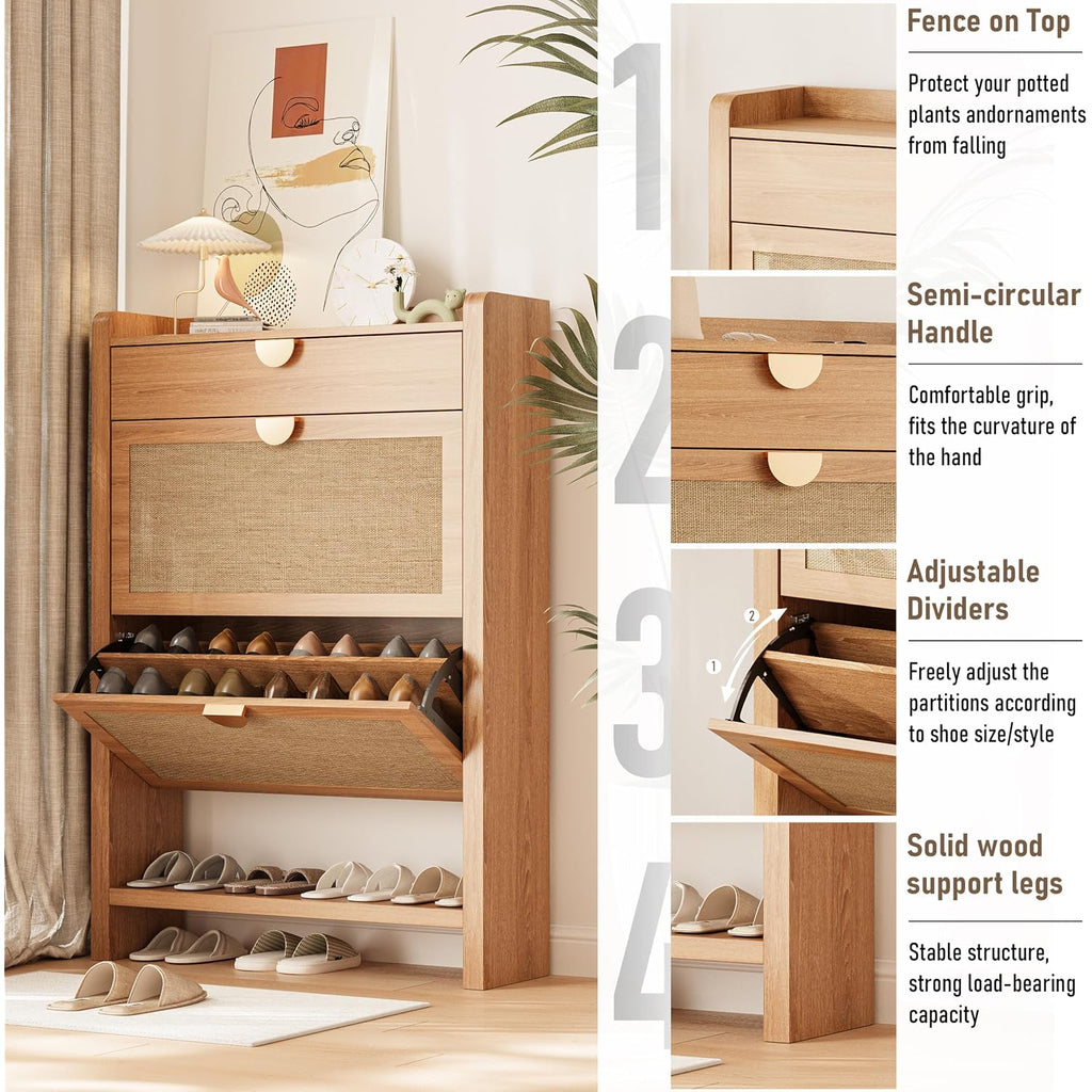 Rattan Shoe Storage Cabinet, Shoe Organizer With 2 Flip Drawers, Narrow Shoe Cabinet, Free Standing Hidden Shoe Storage, Shoe Rack For Entryway/Hallway/Closet, Natural Oak