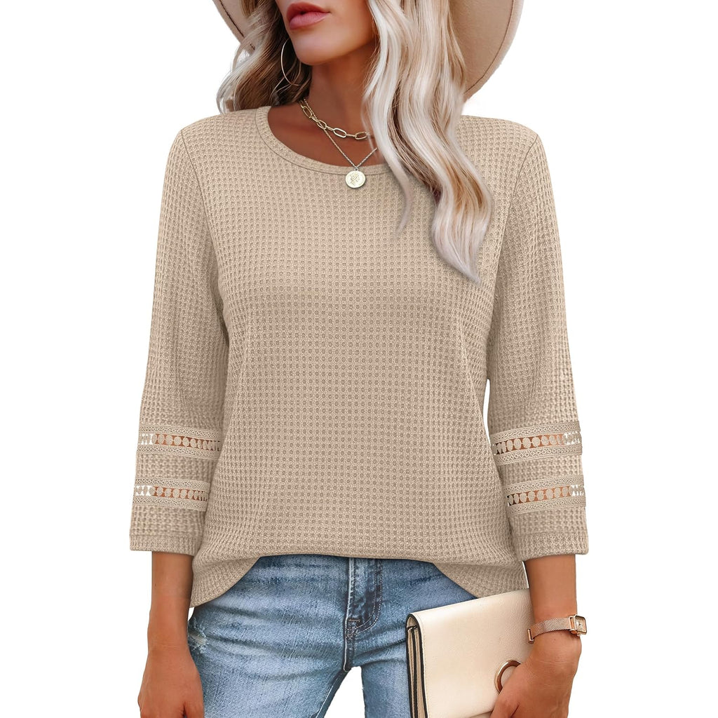 OFEEFAN Womens Tops Dressy Casual 3/4 Length Sleeve Shirts Spring Summer Plus Size Lace Crochet Blouses Waffle Knit