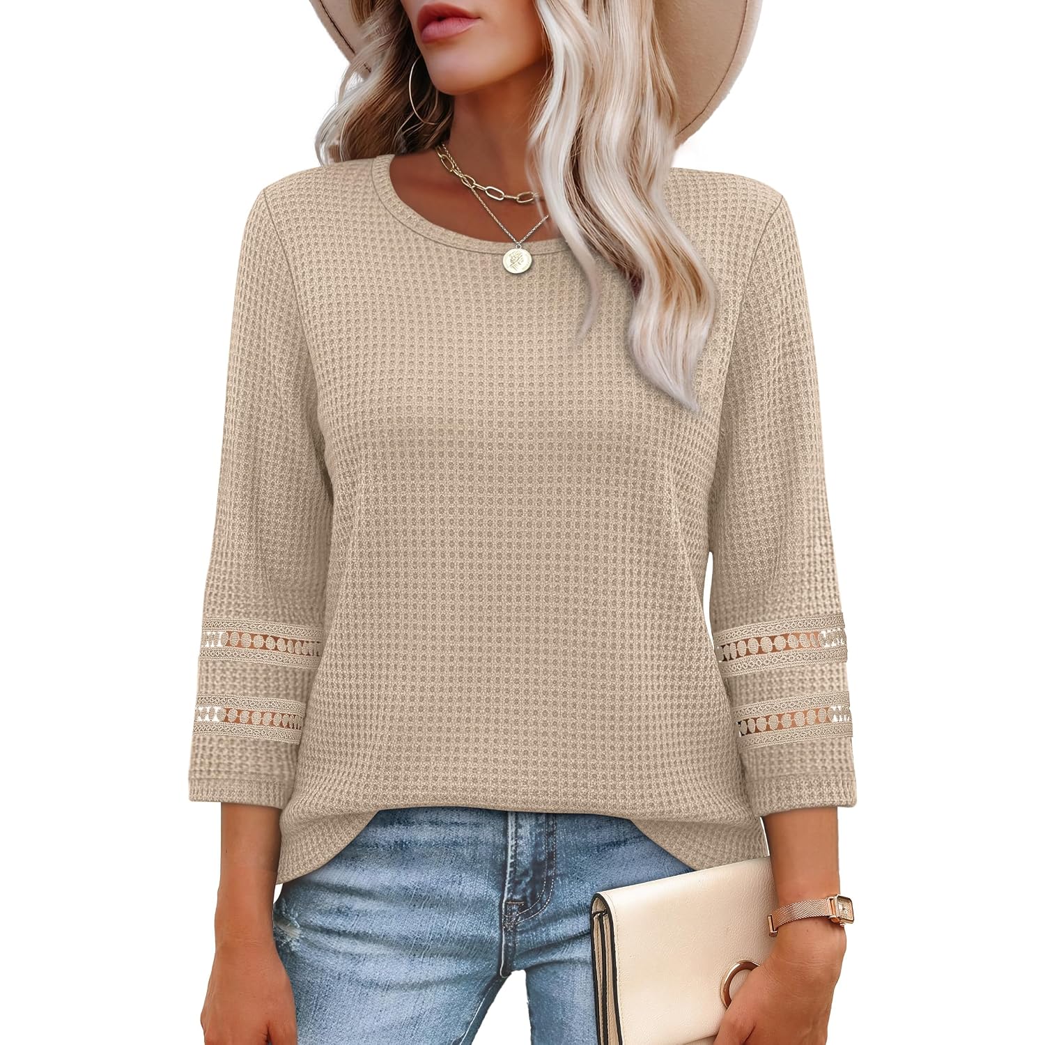OFEEFAN Womens Tops Dressy Casual 3/4 Length Sleeve Shirts Spring Summer Plus Size Lace Crochet Blouses Waffle Knit