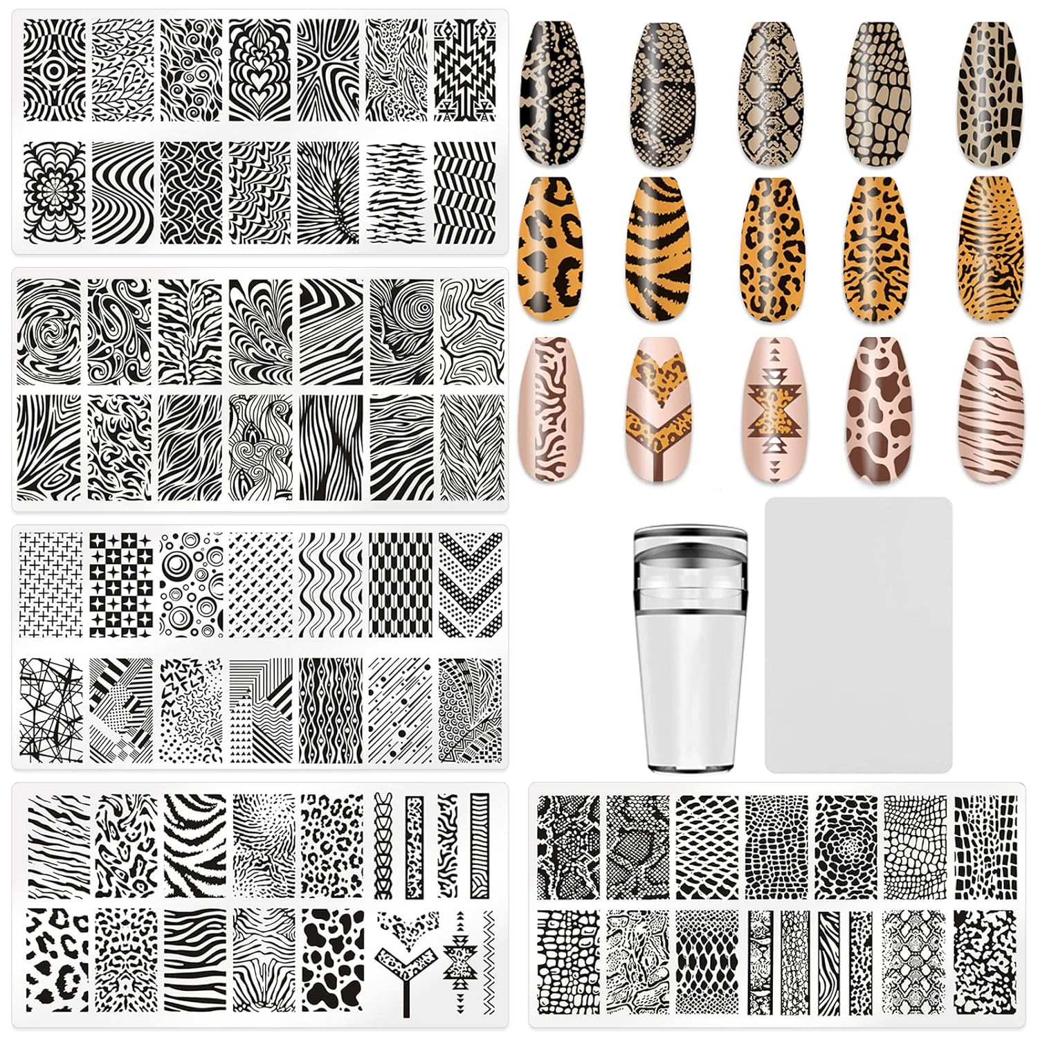 5Pcs Nail Stamping Plates Leopard Print Nail Stamps Nail Art Stamping Plates Nail Stencils Nail Plate Template Nail Art Stamping Kit Nails Accessories with 1 Nail Stamper, 1 Scraper