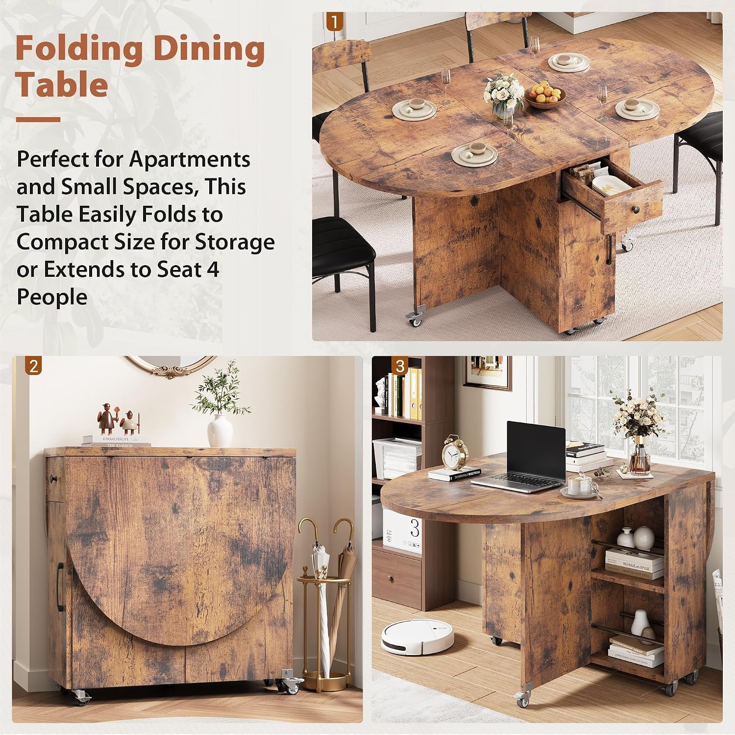 Jocoevol Round Folding Dining Table For 4, Space Saving Drop Leaf Kitchen Table With Storage Drawer, 6 Wheels Oval Gateleg Foldable Dining Table For Small Spaces(Vintage 47 * 23.6 * 30)