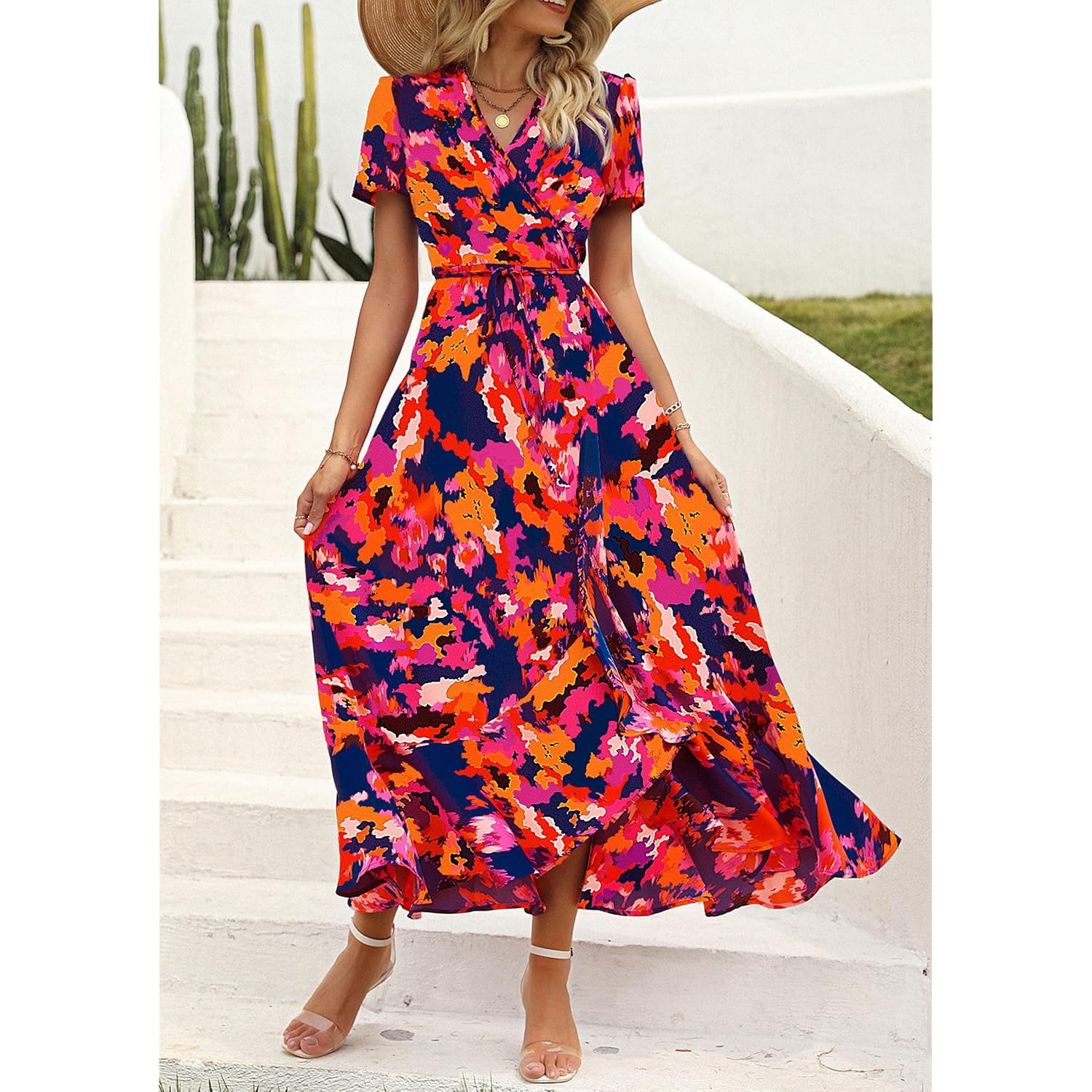 Prettygarden Women'S Boho Floral Maxi Dress Summer Short Sleeve Wrap V Neck Long Flowy Beach Vacation Wedding Guest Dresses